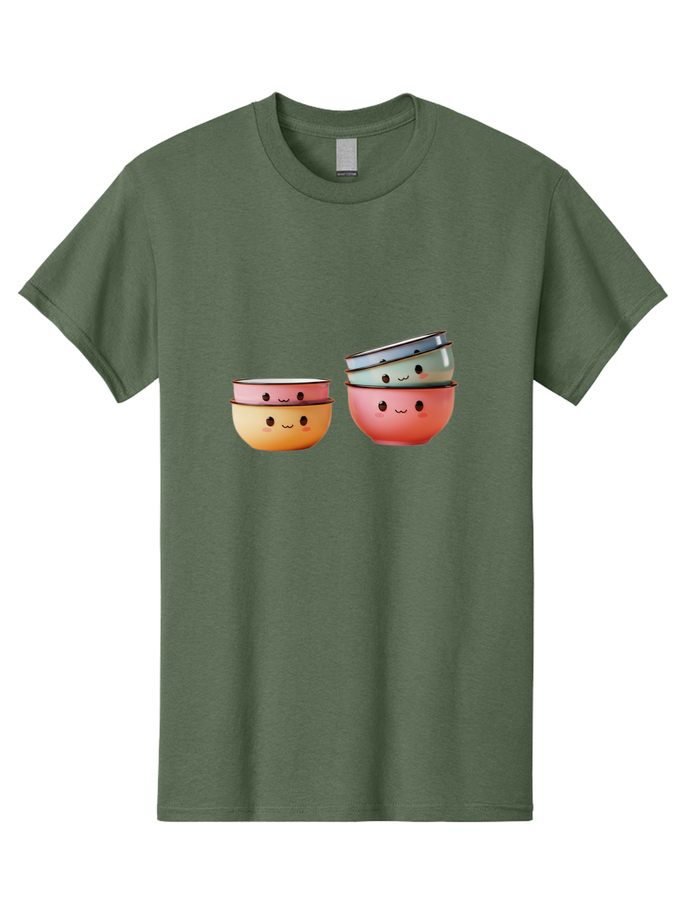 Smiling-Bowls-1 Men'S Graphic Tee, 100% Cotton, Comfortable Casual Summer Wear, Machine Washable, Stacked Mixing Bowls, Cute Kitchenware, Colorful Bowls, Smiling Faces, Kitchen Utensils, Cooking Essentials, Adorable Design, Pastel Colors, Bab406