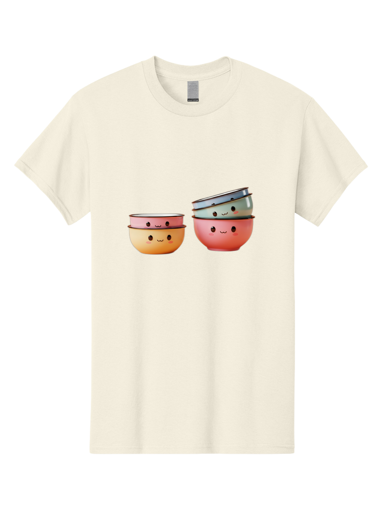 Smiling-Bowls-1 Men'S Graphic Tee, 100% Cotton, Comfortable Casual Summer Wear, Machine Washable, Stacked Mixing Bowls, Cute Kitchenware, Colorful Bowls, Smiling Faces, Kitchen Utensils, Cooking Essentials, Adorable Design, Pastel Colors, Bab406