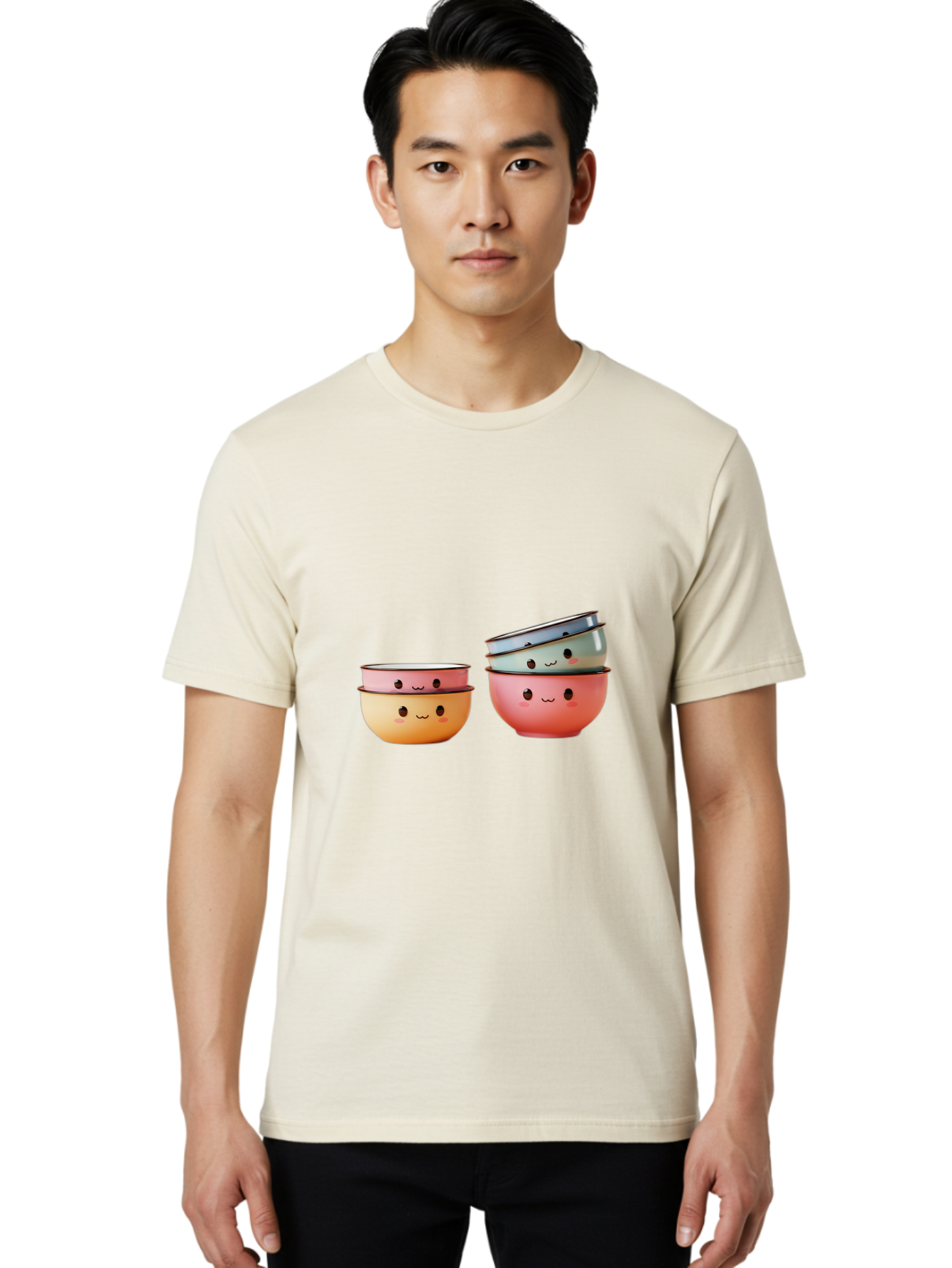 Smiling-Bowls-1 Men'S Graphic Tee, 100% Cotton, Comfortable Casual Summer Wear, Machine Washable, Stacked Mixing Bowls, Cute Kitchenware, Colorful Bowls, Smiling Faces, Kitchen Utensils, Cooking Essentials, Adorable Design, Pastel Colors, Bab406