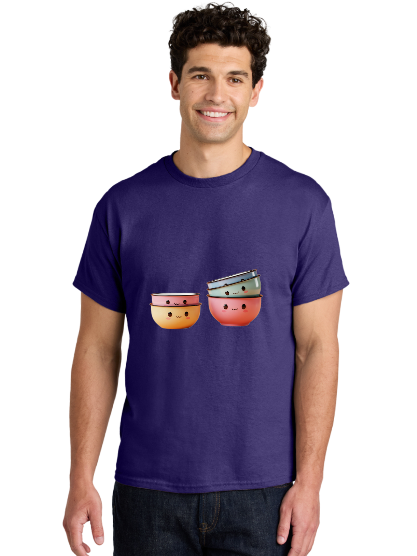Smiling-Bowls-1 Men'S Graphic Tee, 100% Cotton, Comfortable Casual Summer Wear, Machine Washable, Stacked Mixing Bowls, Cute Kitchenware, Colorful Bowls, Smiling Faces, Kitchen Utensils, Cooking Essentials, Adorable Design, Pastel Colors, Bab406