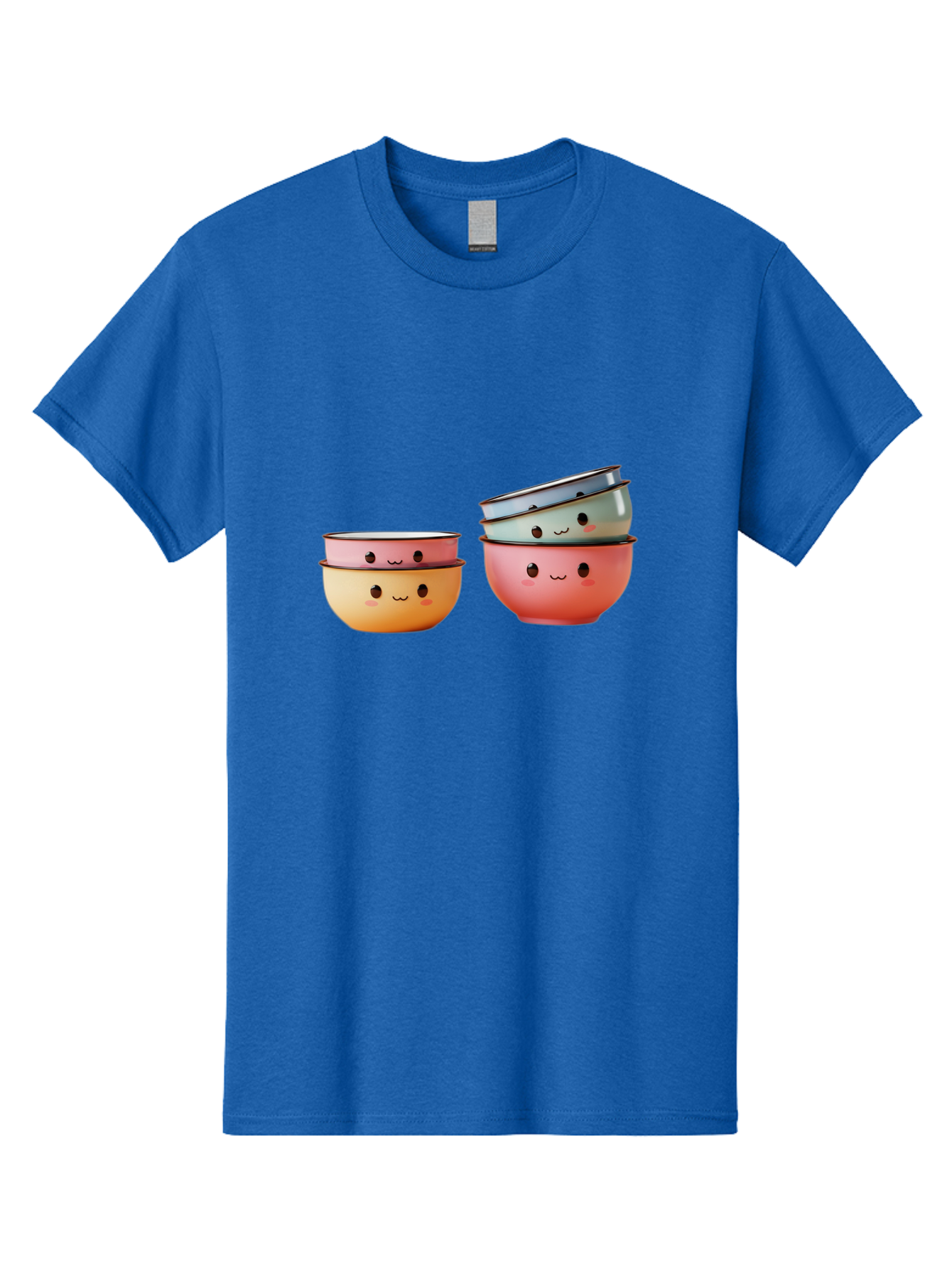 Smiling-Bowls-1 Men'S Graphic Tee, 100% Cotton, Comfortable Casual Summer Wear, Machine Washable, Stacked Mixing Bowls, Cute Kitchenware, Colorful Bowls, Smiling Faces, Kitchen Utensils, Cooking Essentials, Adorable Design, Pastel Colors, Bab406