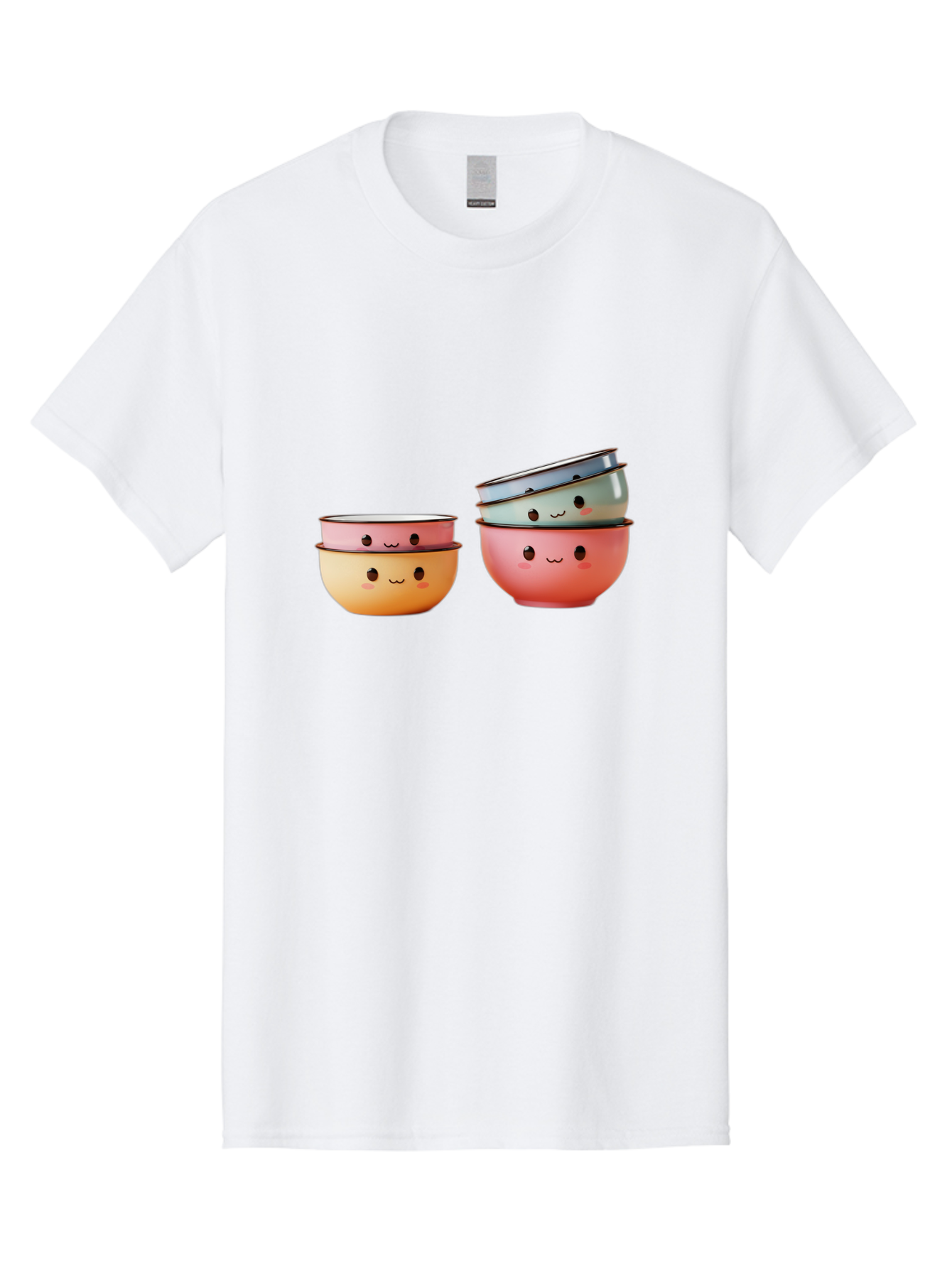Smiling-Bowls-1 Men'S Graphic Tee, 100% Cotton, Comfortable Casual Summer Wear, Machine Washable, Stacked Mixing Bowls, Cute Kitchenware, Colorful Bowls, Smiling Faces, Kitchen Utensils, Cooking Essentials, Adorable Design, Pastel Colors, Bab406