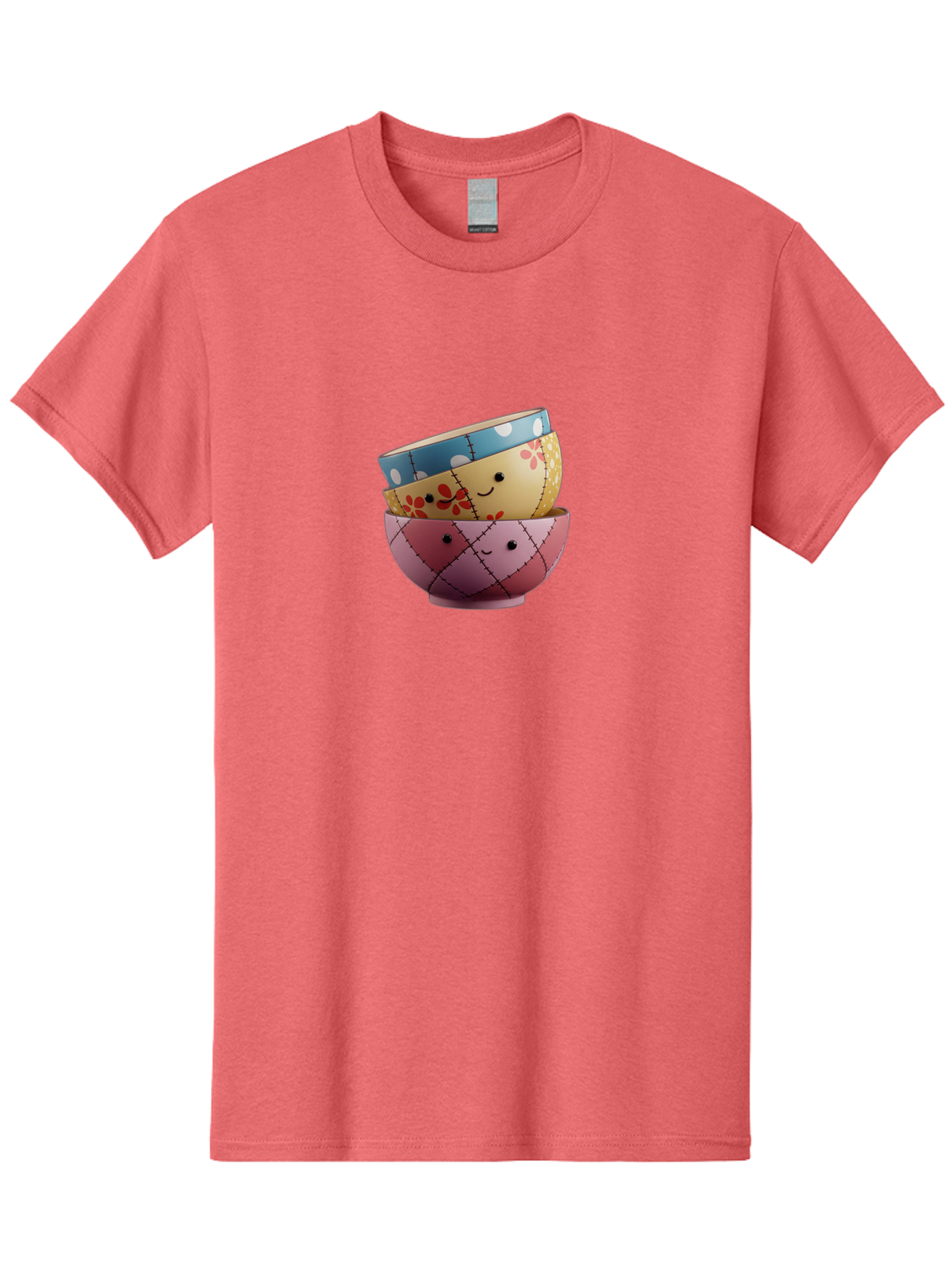 Smiling-Bowls Men'S Graphic Tee, 100% Cotton, Comfortable Casual Summer Wear, Machine Washable, Stacked Bowls, Smiling Faces, Colorful Patterns, Pastel Colors, Floral Designs, Polka Dots, Argyle Pattern, Cute Kitchenware, Tableware, Bab407