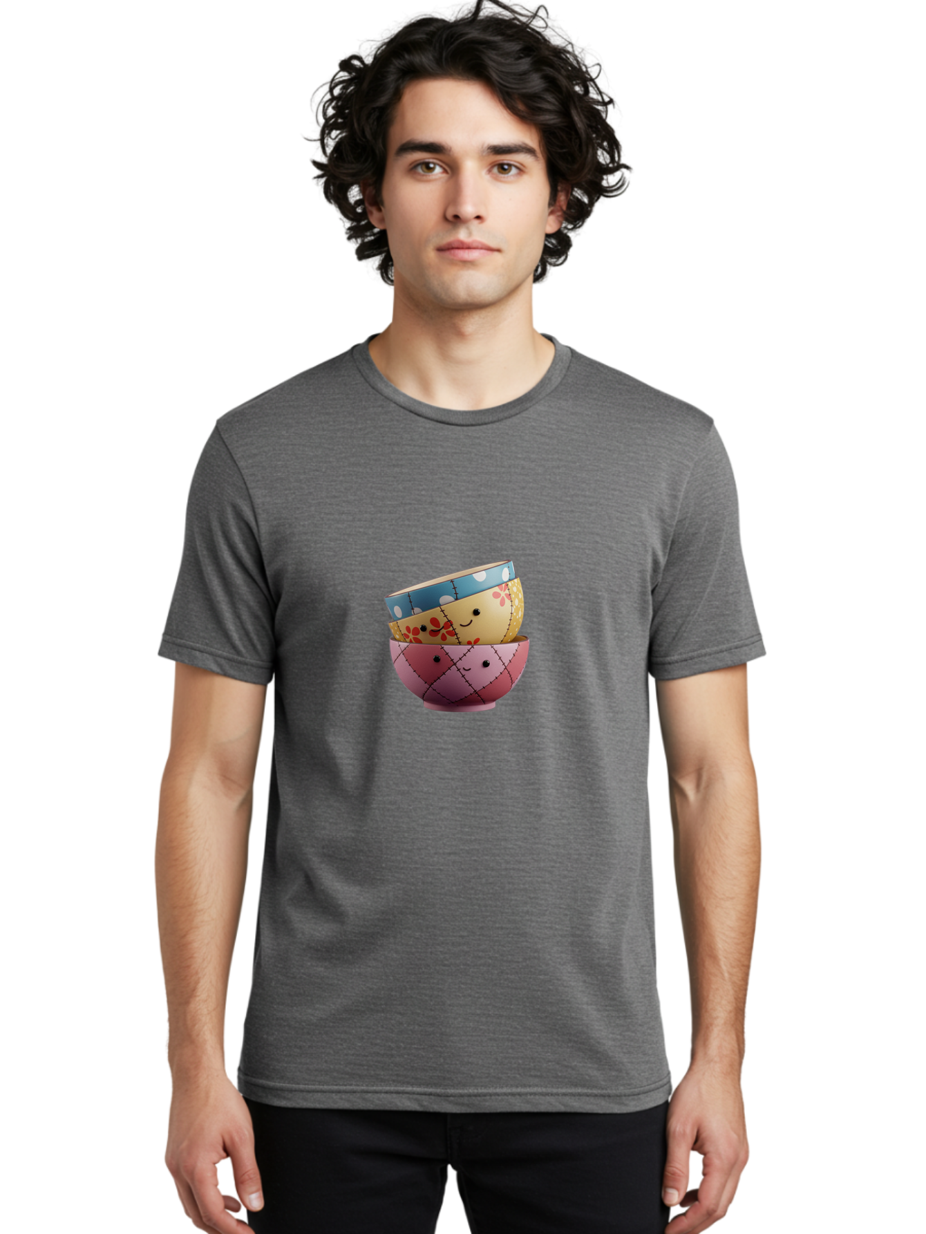 Smiling-Bowls Men'S Graphic Tee, 100% Cotton, Comfortable Casual Summer Wear, Machine Washable, Stacked Bowls, Smiling Faces, Colorful Patterns, Pastel Colors, Floral Designs, Polka Dots, Argyle Pattern, Cute Kitchenware, Tableware, Bab407