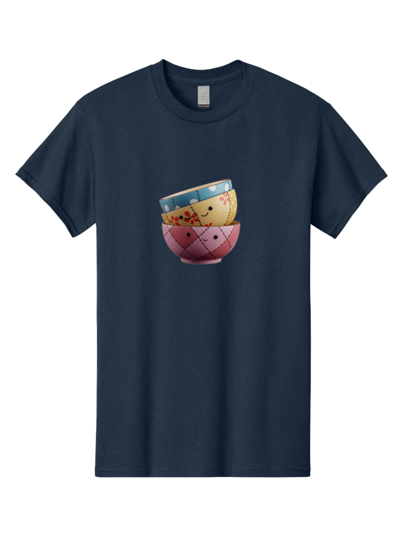 Smiling-Bowls Men'S Graphic Tee, 100% Cotton, Comfortable Casual Summer Wear, Machine Washable, Stacked Bowls, Smiling Faces, Colorful Patterns, Pastel Colors, Floral Designs, Polka Dots, Argyle Pattern, Cute Kitchenware, Tableware, Bab407