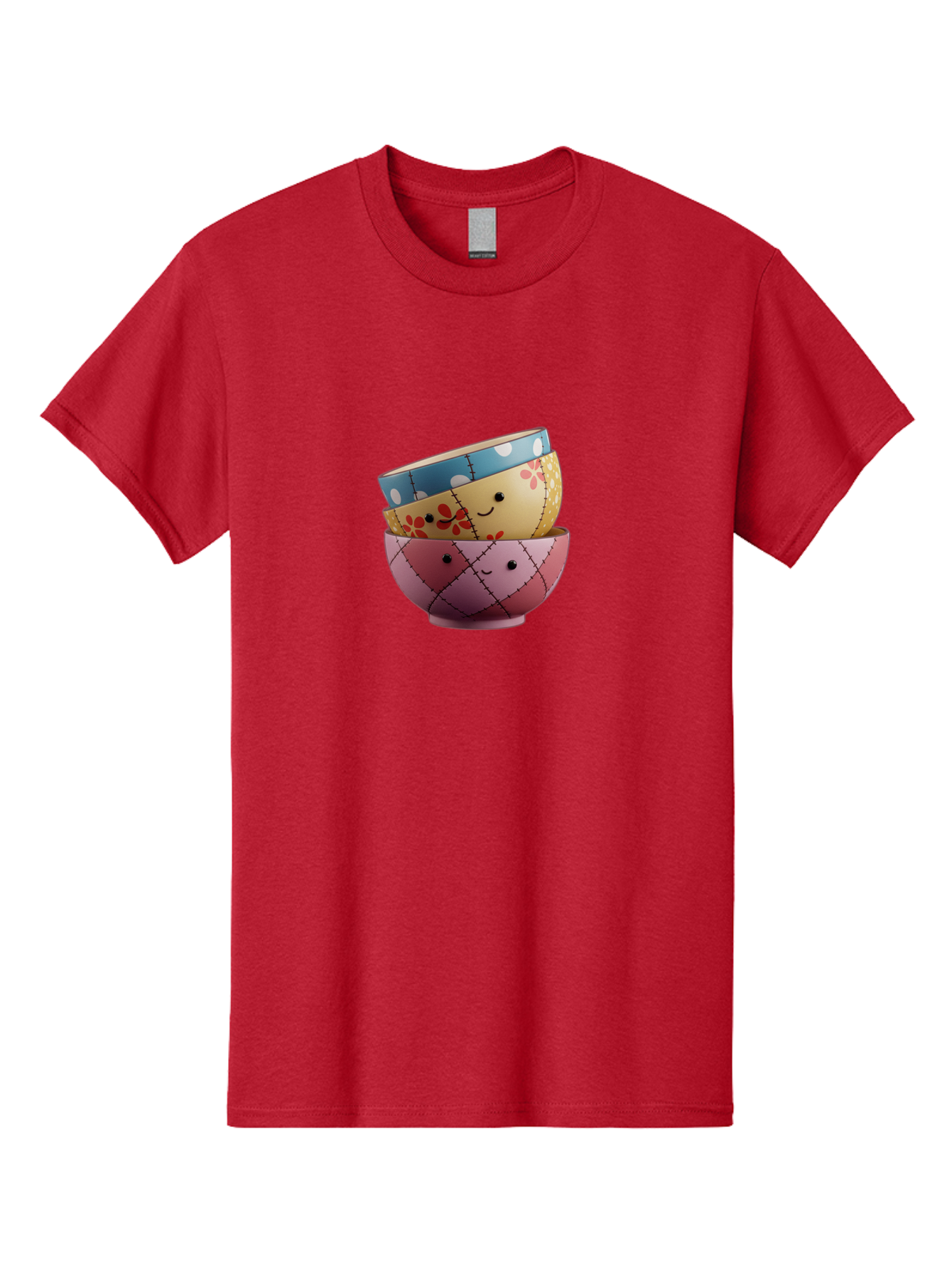 Smiling-Bowls Men'S Graphic Tee, 100% Cotton, Comfortable Casual Summer Wear, Machine Washable, Stacked Bowls, Smiling Faces, Colorful Patterns, Pastel Colors, Floral Designs, Polka Dots, Argyle Pattern, Cute Kitchenware, Tableware, Bab407