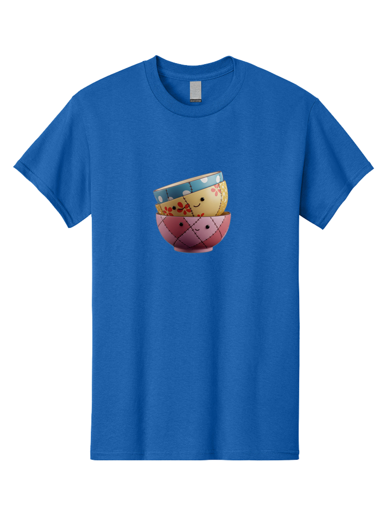 Smiling-Bowls Men'S Graphic Tee, 100% Cotton, Comfortable Casual Summer Wear, Machine Washable, Stacked Bowls, Smiling Faces, Colorful Patterns, Pastel Colors, Floral Designs, Polka Dots, Argyle Pattern, Cute Kitchenware, Tableware, Bab407