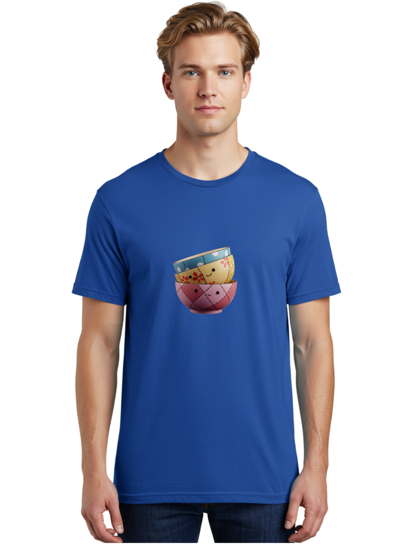 Smiling-Bowls Men'S Graphic Tee, 100% Cotton, Comfortable Casual Summer Wear, Machine Washable, Stacked Bowls, Smiling Faces, Colorful Patterns, Pastel Colors, Floral Designs, Polka Dots, Argyle Pattern, Cute Kitchenware, Tableware, Bab407