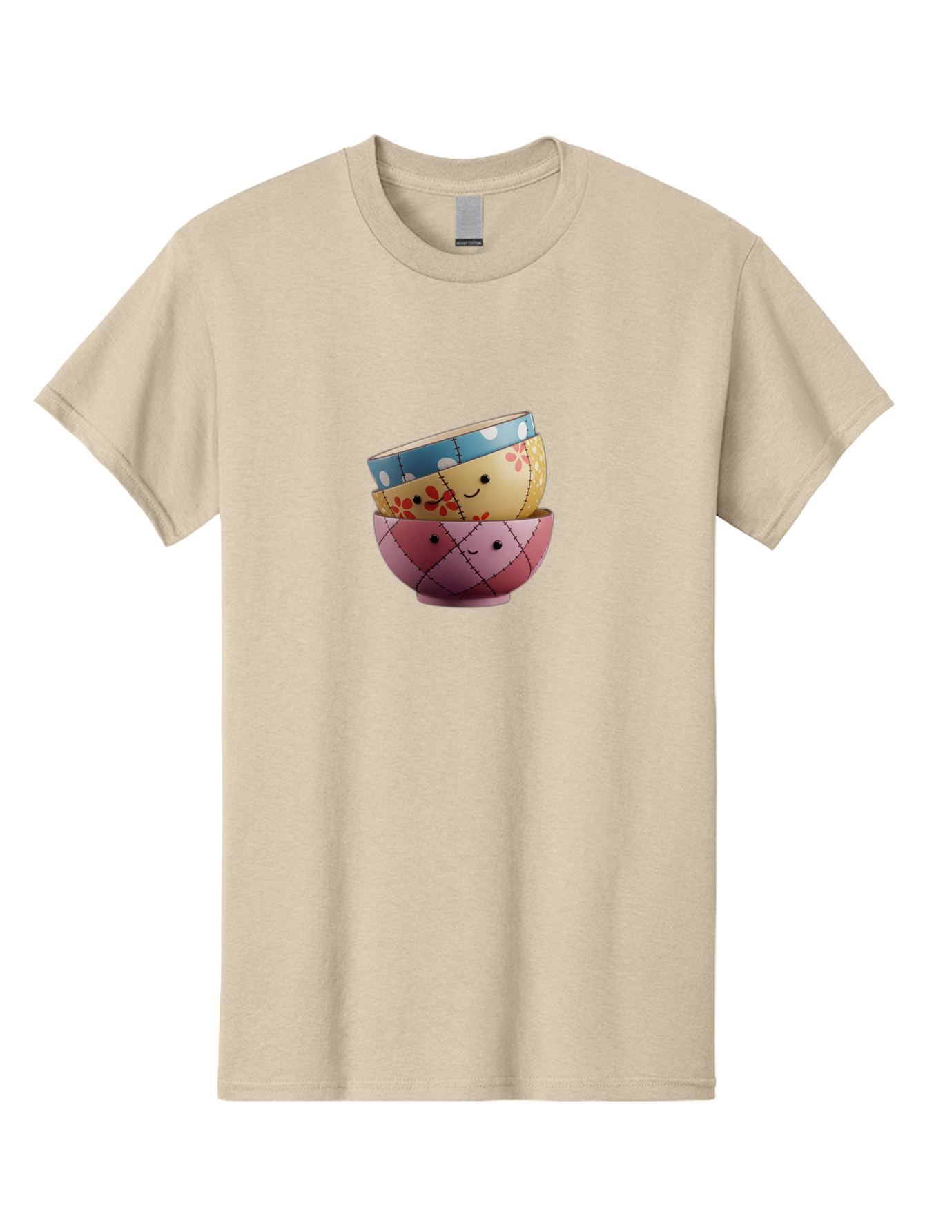 Smiling-Bowls Men'S Graphic Tee, 100% Cotton, Comfortable Casual Summer Wear, Machine Washable, Stacked Bowls, Smiling Faces, Colorful Patterns, Pastel Colors, Floral Designs, Polka Dots, Argyle Pattern, Cute Kitchenware, Tableware, Bab407