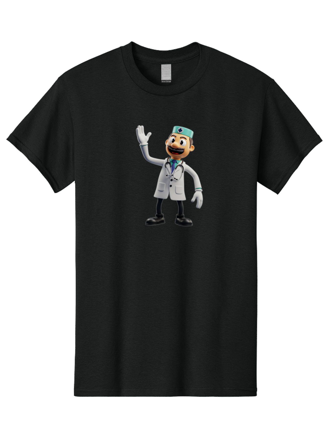 Smiling-Doctor-Character Men'S Graphic Tee, 100% Cotton, Comfortable Casual Summer Wear, Machine Washable, Cartoon Doctor, Medical Professional, Friendly Demeanor, White Lab Coat, Stethoscope Around Neck, Waving Gesture, Surgical Cap, Bab411