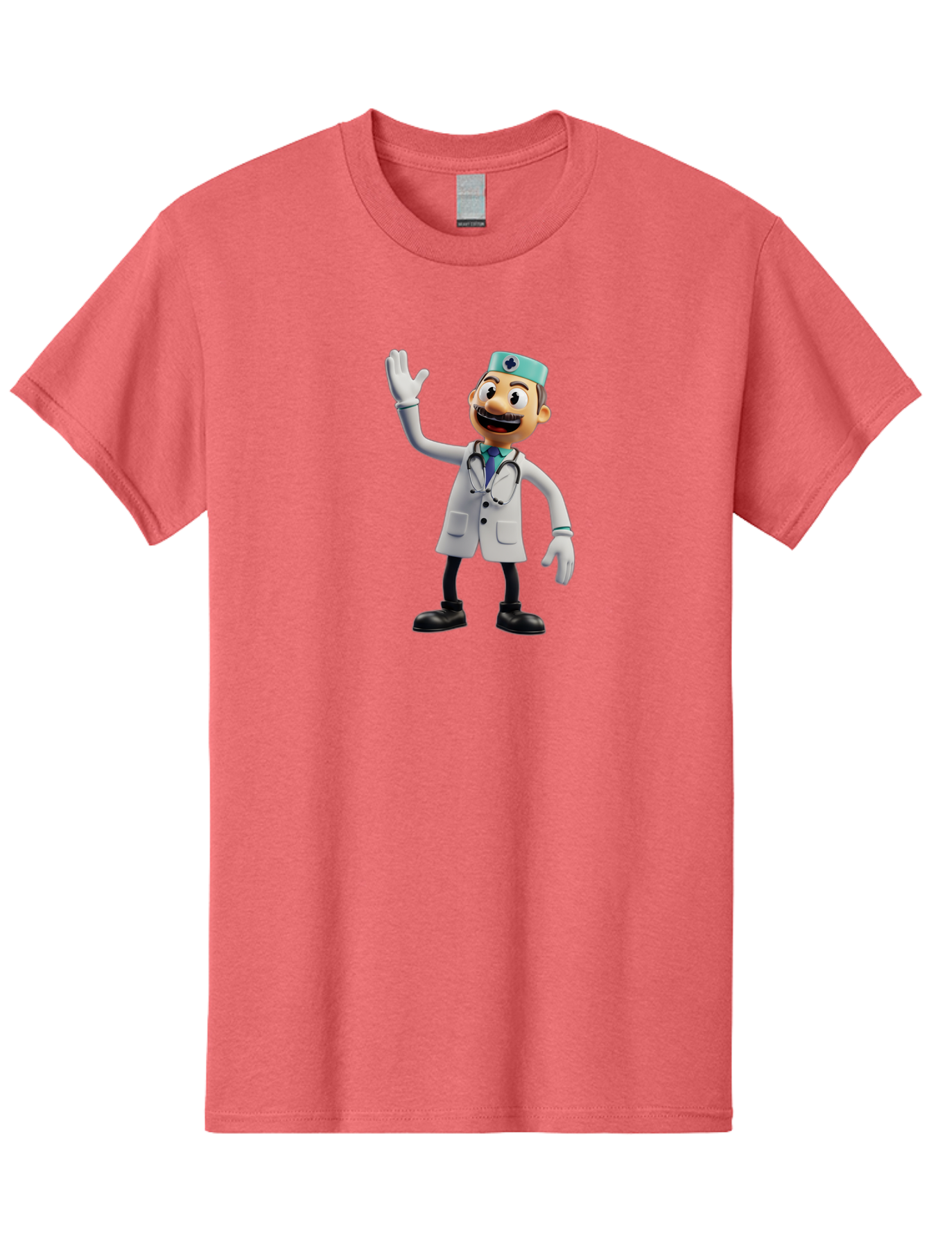 Smiling-Doctor-Character Men'S Graphic Tee, 100% Cotton, Comfortable Casual Summer Wear, Machine Washable, Cartoon Doctor, Medical Professional, Friendly Demeanor, White Lab Coat, Stethoscope Around Neck, Waving Gesture, Surgical Cap, Bab411