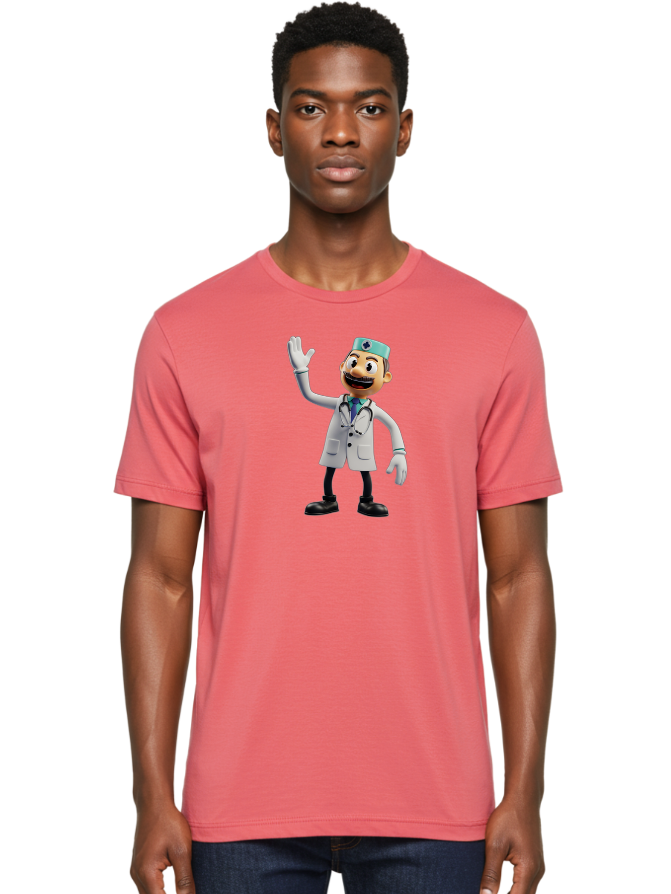 Smiling-Doctor-Character Men'S Graphic Tee, 100% Cotton, Comfortable Casual Summer Wear, Machine Washable, Cartoon Doctor, Medical Professional, Friendly Demeanor, White Lab Coat, Stethoscope Around Neck, Waving Gesture, Surgical Cap, Bab411