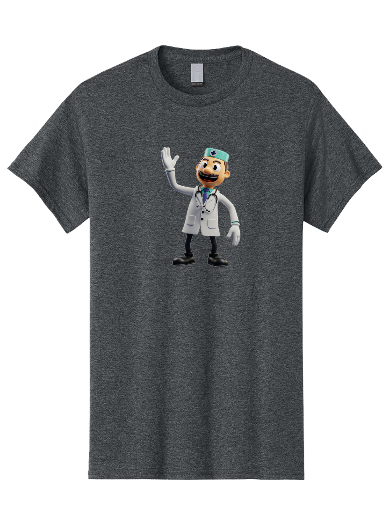 Smiling-Doctor-Character Men'S Graphic Tee, 100% Cotton, Comfortable Casual Summer Wear, Machine Washable, Cartoon Doctor, Medical Professional, Friendly Demeanor, White Lab Coat, Stethoscope Around Neck, Waving Gesture, Surgical Cap, Bab411