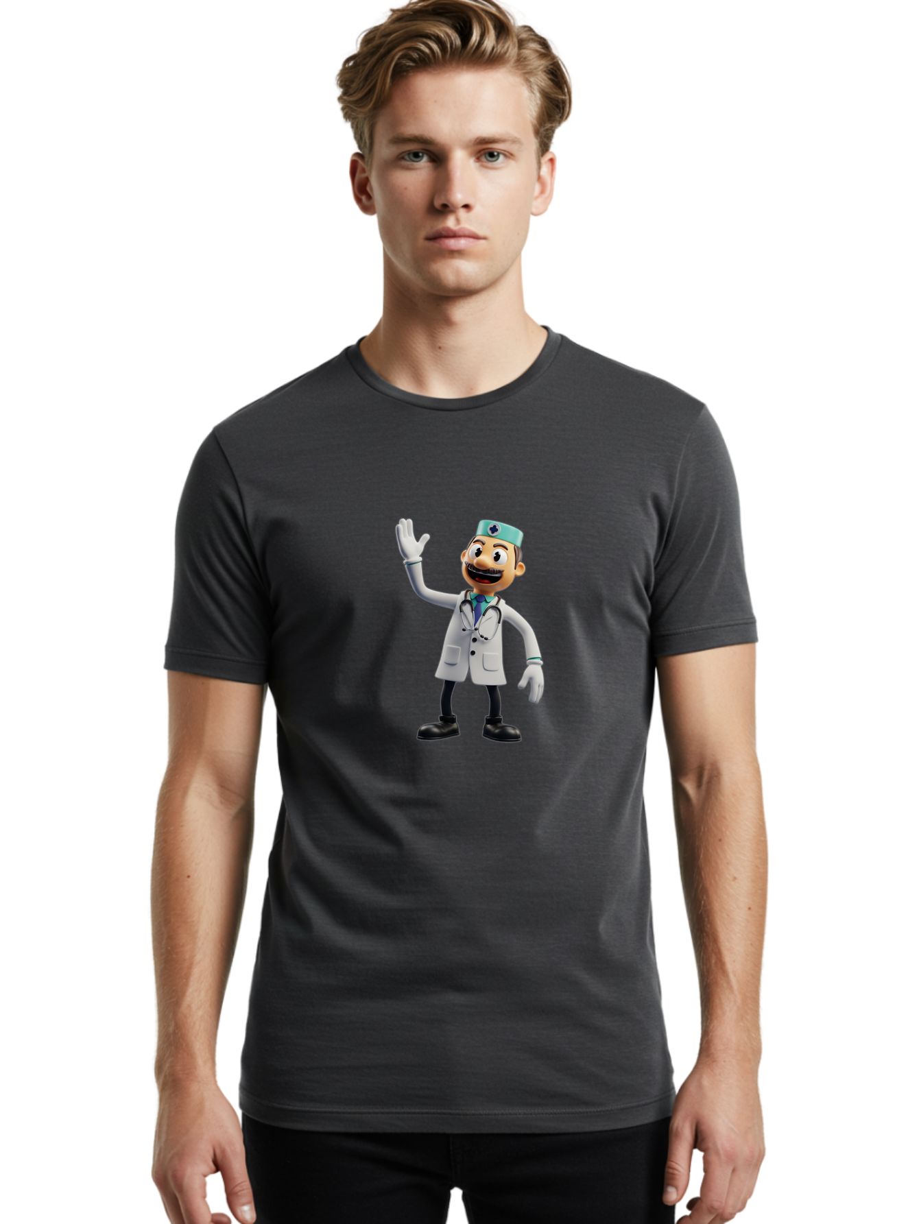 Smiling-Doctor-Character Men'S Graphic Tee, 100% Cotton, Comfortable Casual Summer Wear, Machine Washable, Cartoon Doctor, Medical Professional, Friendly Demeanor, White Lab Coat, Stethoscope Around Neck, Waving Gesture, Surgical Cap, Bab411
