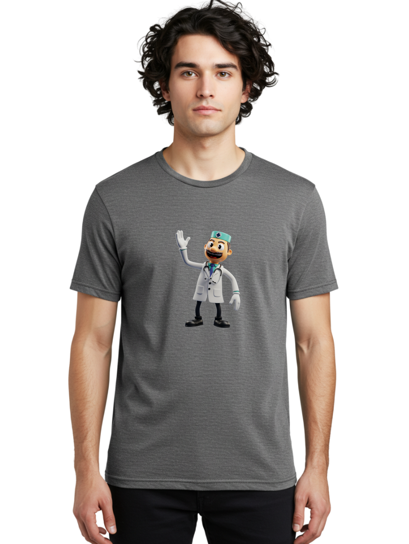 Smiling-Doctor-Character Men'S Graphic Tee, 100% Cotton, Comfortable Casual Summer Wear, Machine Washable, Cartoon Doctor, Medical Professional, Friendly Demeanor, White Lab Coat, Stethoscope Around Neck, Waving Gesture, Surgical Cap, Bab411