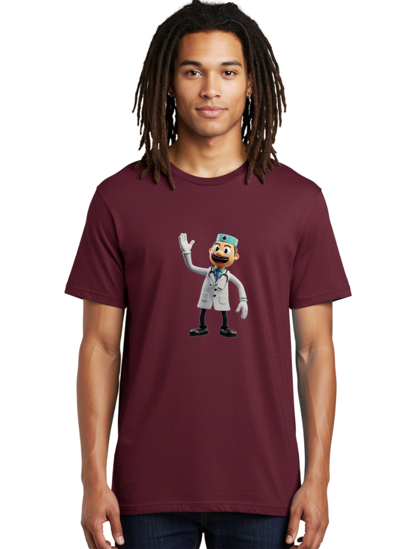 Smiling-Doctor-Character Men'S Graphic Tee, 100% Cotton, Comfortable Casual Summer Wear, Machine Washable, Cartoon Doctor, Medical Professional, Friendly Demeanor, White Lab Coat, Stethoscope Around Neck, Waving Gesture, Surgical Cap, Bab411