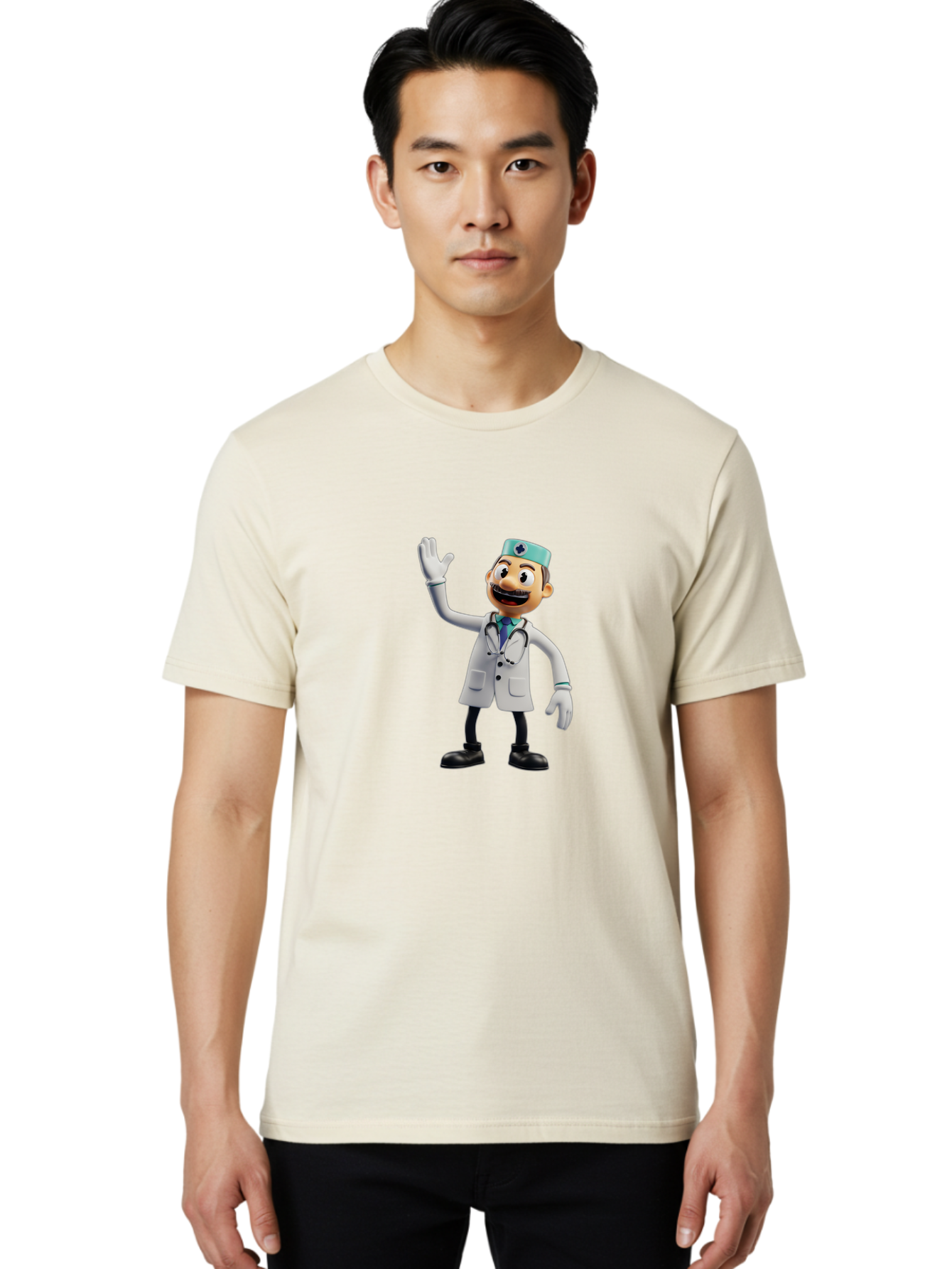 Smiling-Doctor-Character Men'S Graphic Tee, 100% Cotton, Comfortable Casual Summer Wear, Machine Washable, Cartoon Doctor, Medical Professional, Friendly Demeanor, White Lab Coat, Stethoscope Around Neck, Waving Gesture, Surgical Cap, Bab411
