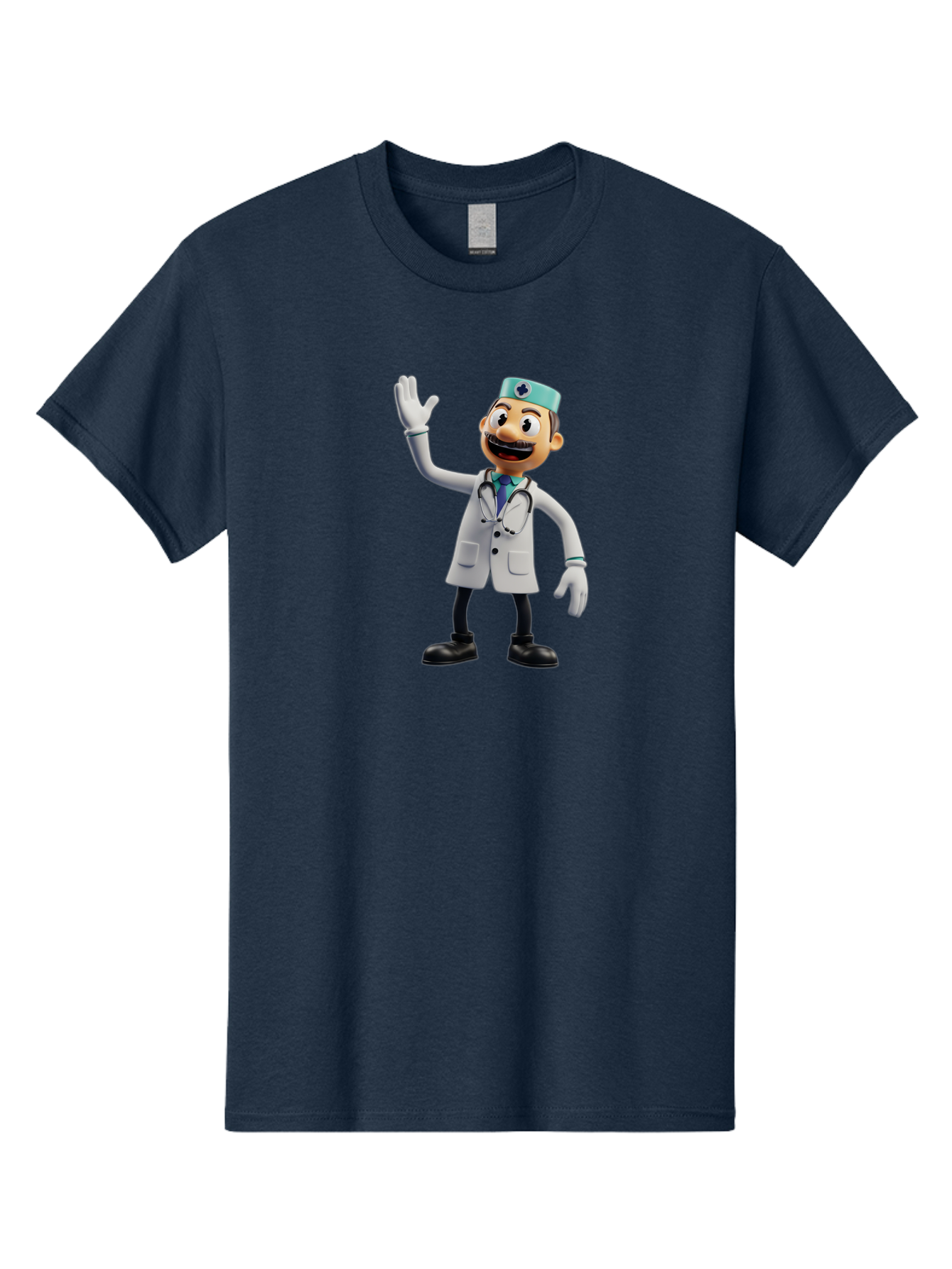 Smiling-Doctor-Character Men'S Graphic Tee, 100% Cotton, Comfortable Casual Summer Wear, Machine Washable, Cartoon Doctor, Medical Professional, Friendly Demeanor, White Lab Coat, Stethoscope Around Neck, Waving Gesture, Surgical Cap, Bab411