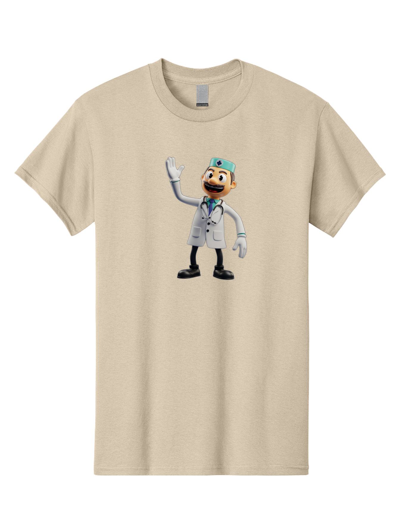 Smiling-Doctor-Character Men'S Graphic Tee, 100% Cotton, Comfortable Casual Summer Wear, Machine Washable, Cartoon Doctor, Medical Professional, Friendly Demeanor, White Lab Coat, Stethoscope Around Neck, Waving Gesture, Surgical Cap, Bab411