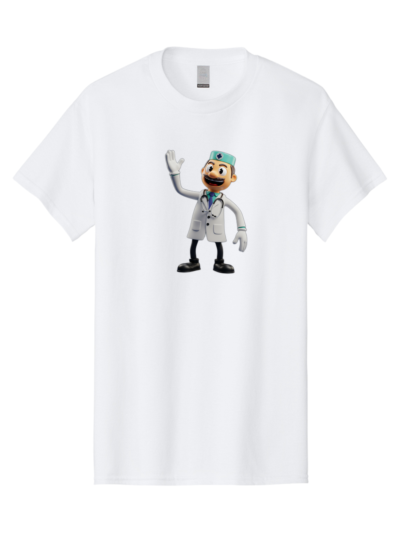 Smiling-Doctor-Character Men'S Graphic Tee, 100% Cotton, Comfortable Casual Summer Wear, Machine Washable, Cartoon Doctor, Medical Professional, Friendly Demeanor, White Lab Coat, Stethoscope Around Neck, Waving Gesture, Surgical Cap, Bab411
