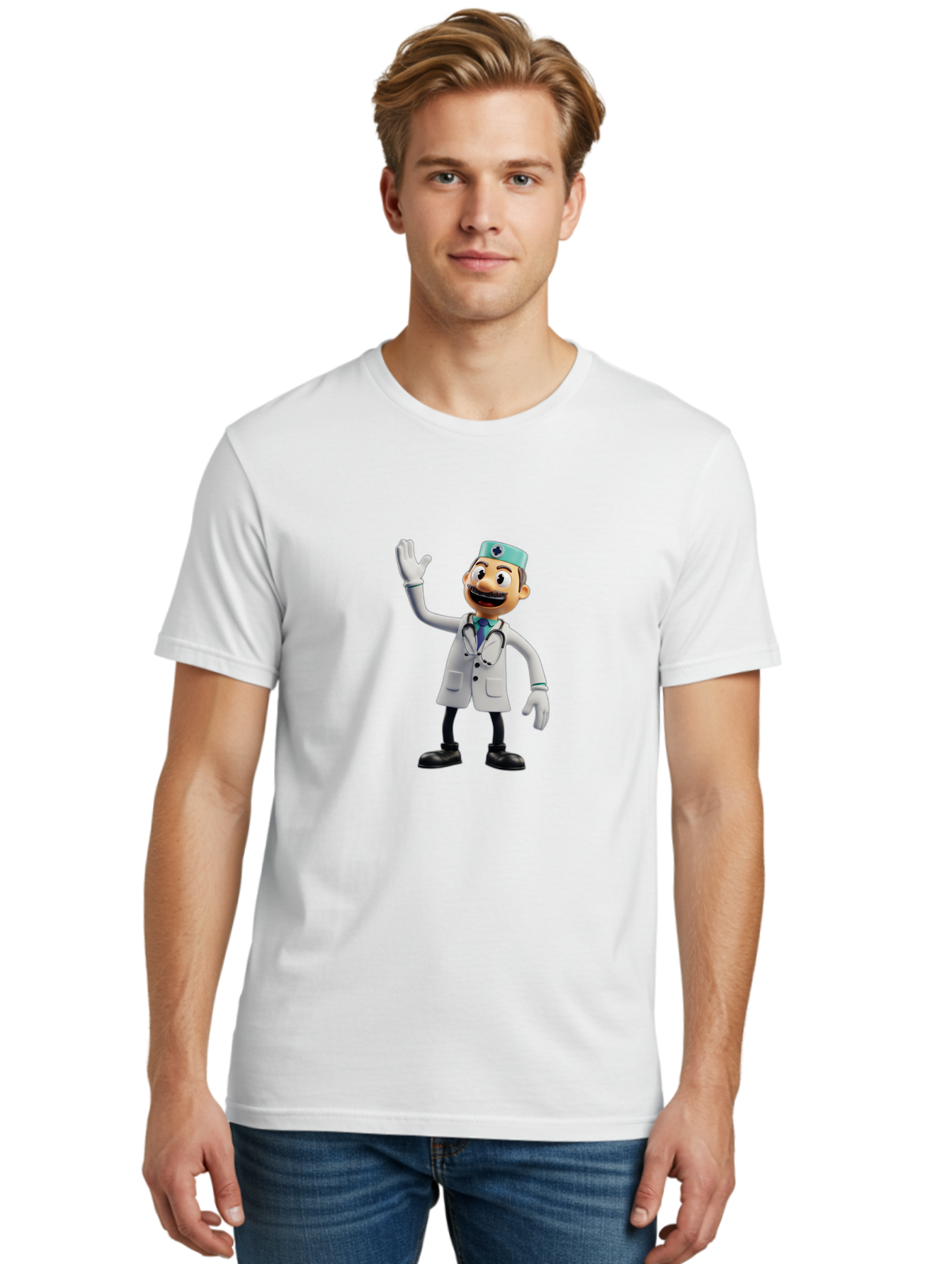 Smiling-Doctor-Character Men'S Graphic Tee, 100% Cotton, Comfortable Casual Summer Wear, Machine Washable, Cartoon Doctor, Medical Professional, Friendly Demeanor, White Lab Coat, Stethoscope Around Neck, Waving Gesture, Surgical Cap, Bab411