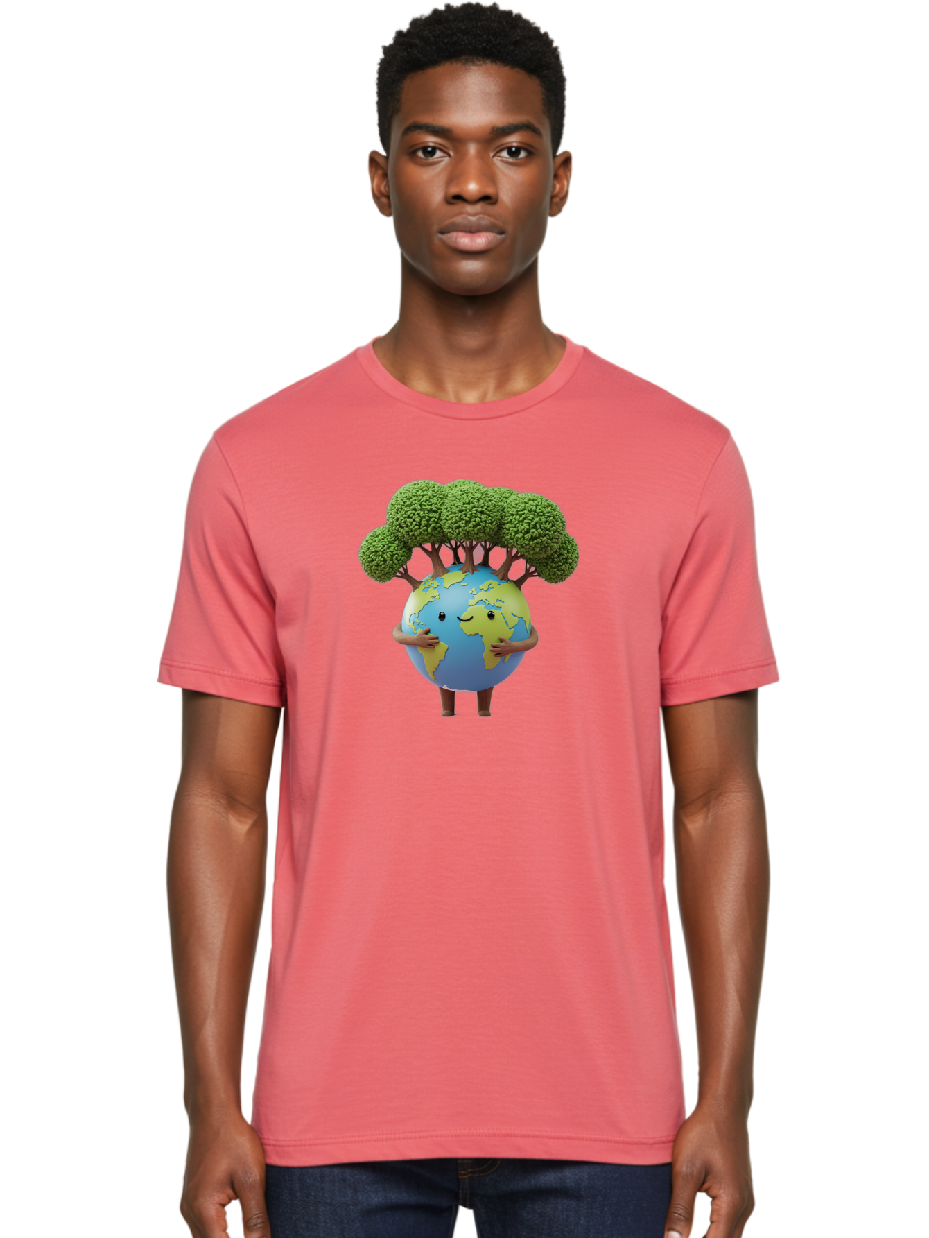 Smiling-Earth-1 Men'S Graphic Tee, 100% Cotton, Comfortable Casual Summer Wear, Machine Washable, Cartoon Globe, Eco-Friendly, Earth With Trees, Smiling Face, Environmental Awareness, Conservation, Sustainable Living, Green Initiatives, Bab412