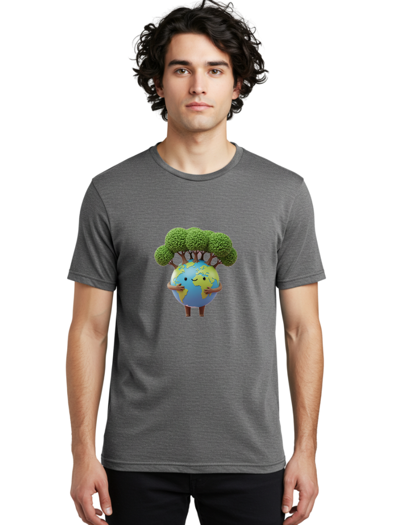 Smiling-Earth-1 Men'S Graphic Tee, 100% Cotton, Comfortable Casual Summer Wear, Machine Washable, Cartoon Globe, Eco-Friendly, Earth With Trees, Smiling Face, Environmental Awareness, Conservation, Sustainable Living, Green Initiatives, Bab412