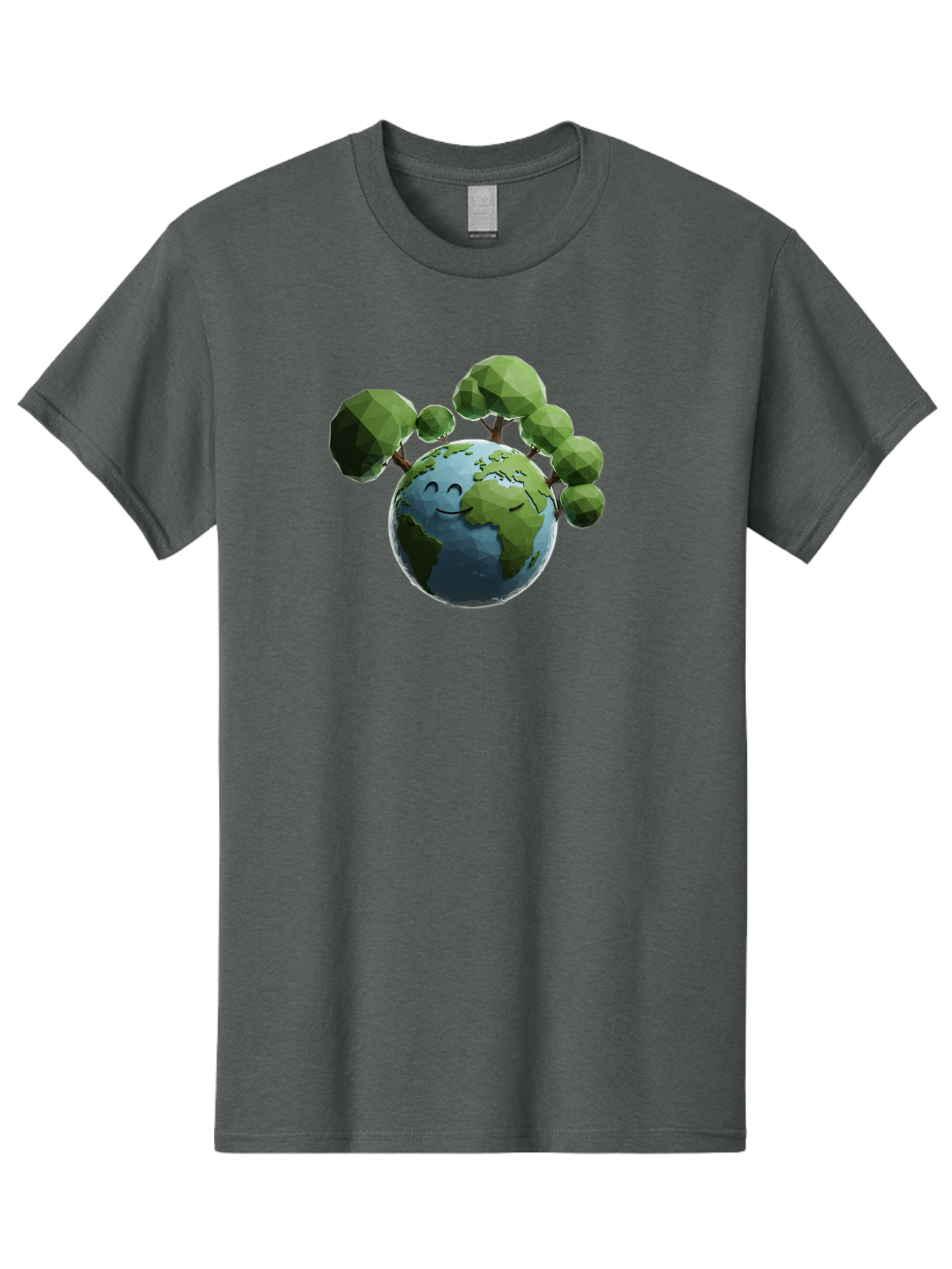 Smiling-Earth Men'S Graphic Tee, 100% Cotton, Comfortable Casual Summer Wear, Machine Washable, Happy Earth, Cartoon Globe, Smiling Face, Green Trees, Eco Friendly, Low Poly, 3D Rendering, Environmental Awareness, Conservation, Bab413
