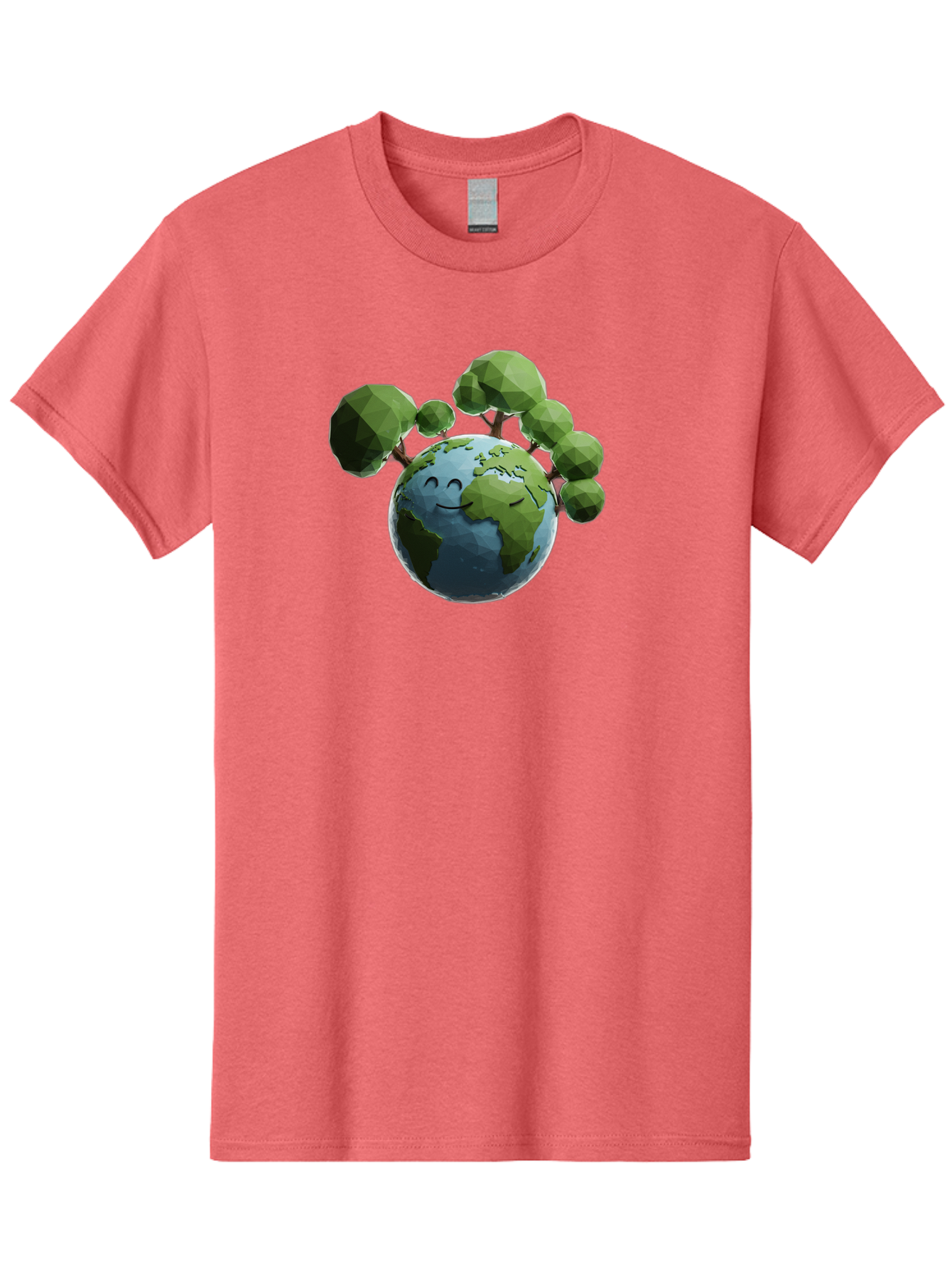 Smiling-Earth Men'S Graphic Tee, 100% Cotton, Comfortable Casual Summer Wear, Machine Washable, Happy Earth, Cartoon Globe, Smiling Face, Green Trees, Eco Friendly, Low Poly, 3D Rendering, Environmental Awareness, Conservation, Bab413