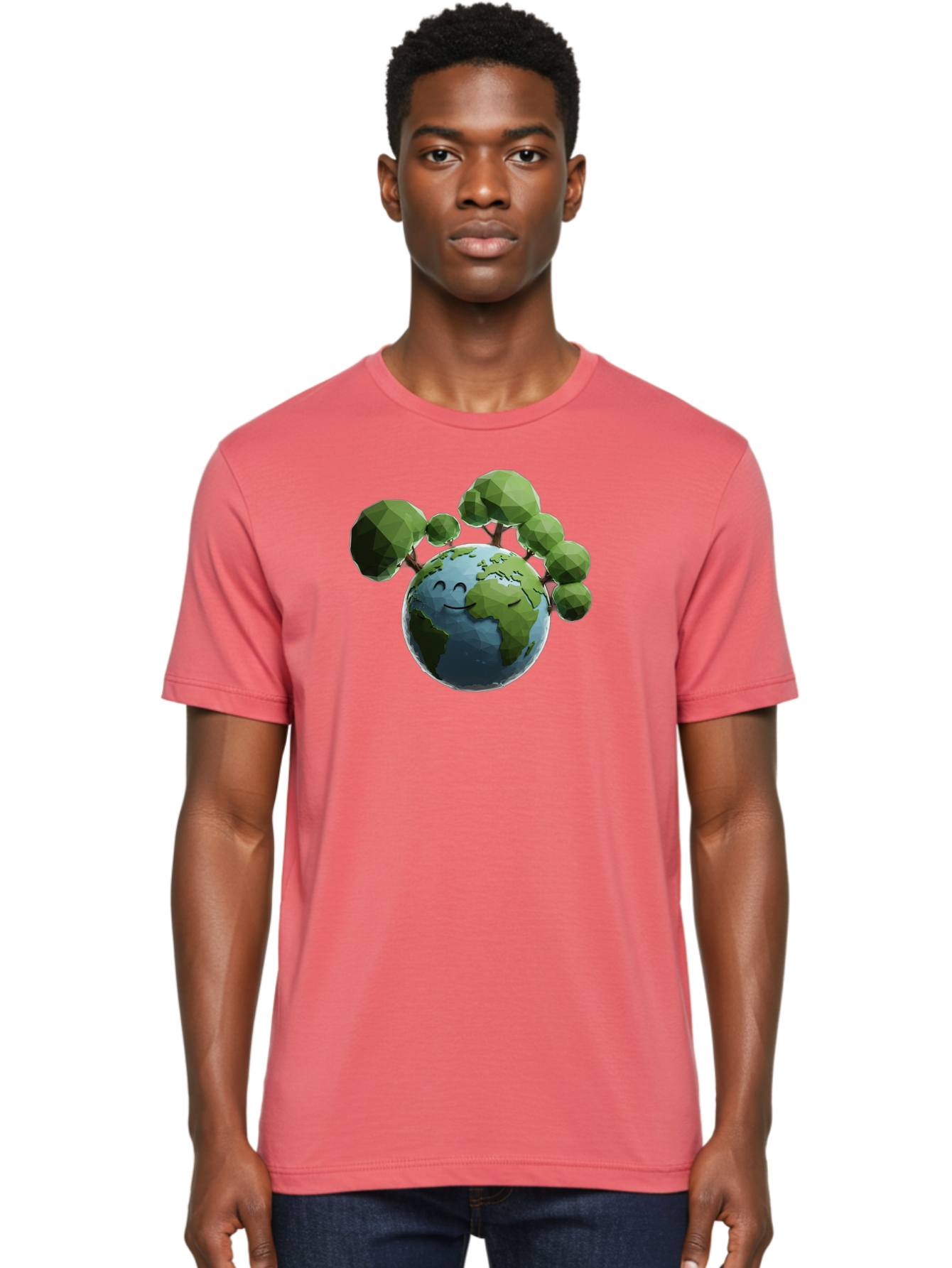 Smiling-Earth Men'S Graphic Tee, 100% Cotton, Comfortable Casual Summer Wear, Machine Washable, Happy Earth, Cartoon Globe, Smiling Face, Green Trees, Eco Friendly, Low Poly, 3D Rendering, Environmental Awareness, Conservation, Bab413