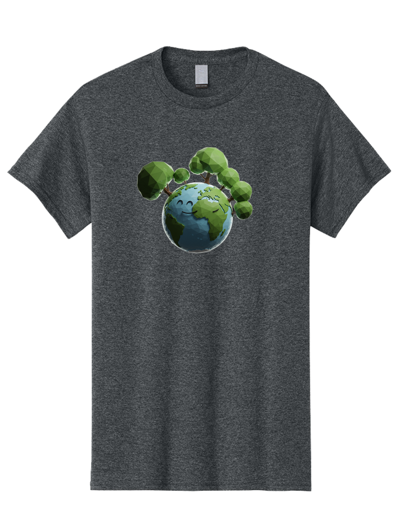 Smiling-Earth Men'S Graphic Tee, 100% Cotton, Comfortable Casual Summer Wear, Machine Washable, Happy Earth, Cartoon Globe, Smiling Face, Green Trees, Eco Friendly, Low Poly, 3D Rendering, Environmental Awareness, Conservation, Bab413