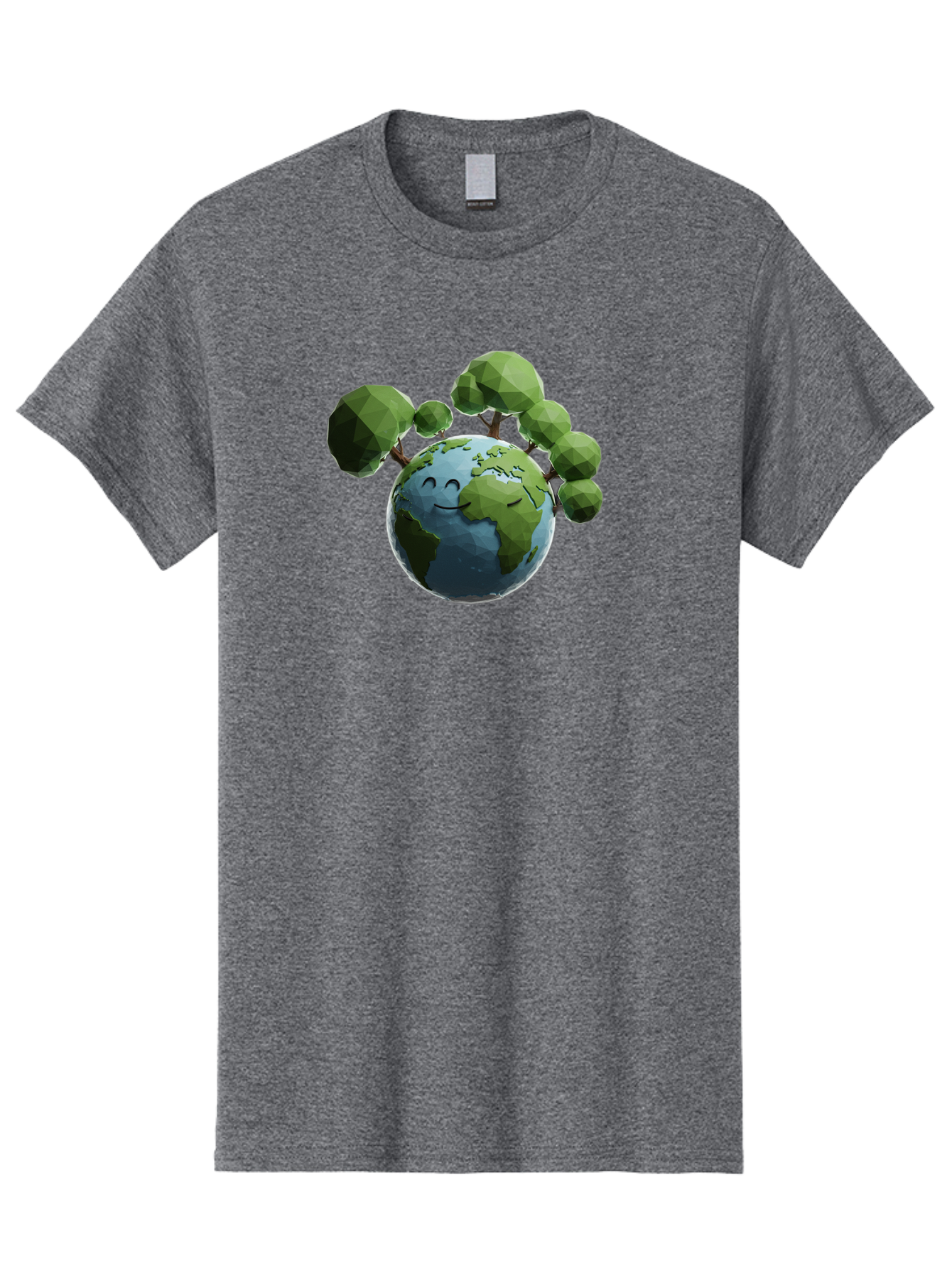 Smiling-Earth Men'S Graphic Tee, 100% Cotton, Comfortable Casual Summer Wear, Machine Washable, Happy Earth, Cartoon Globe, Smiling Face, Green Trees, Eco Friendly, Low Poly, 3D Rendering, Environmental Awareness, Conservation, Bab413