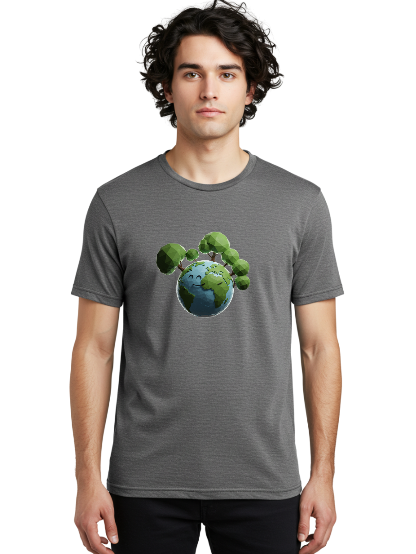 Smiling-Earth Men'S Graphic Tee, 100% Cotton, Comfortable Casual Summer Wear, Machine Washable, Happy Earth, Cartoon Globe, Smiling Face, Green Trees, Eco Friendly, Low Poly, 3D Rendering, Environmental Awareness, Conservation, Bab413