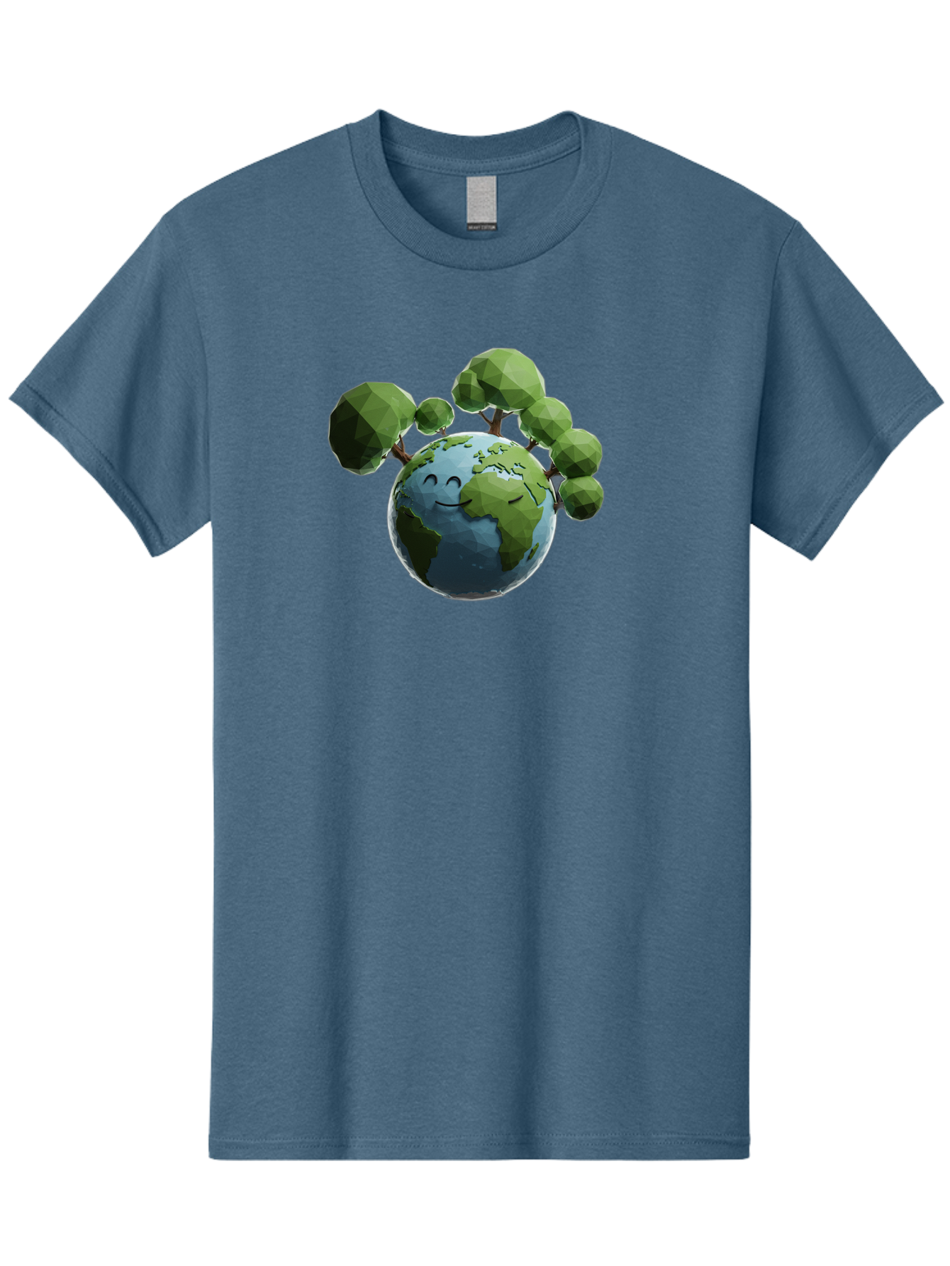 Smiling-Earth Men'S Graphic Tee, 100% Cotton, Comfortable Casual Summer Wear, Machine Washable, Happy Earth, Cartoon Globe, Smiling Face, Green Trees, Eco Friendly, Low Poly, 3D Rendering, Environmental Awareness, Conservation, Bab413
