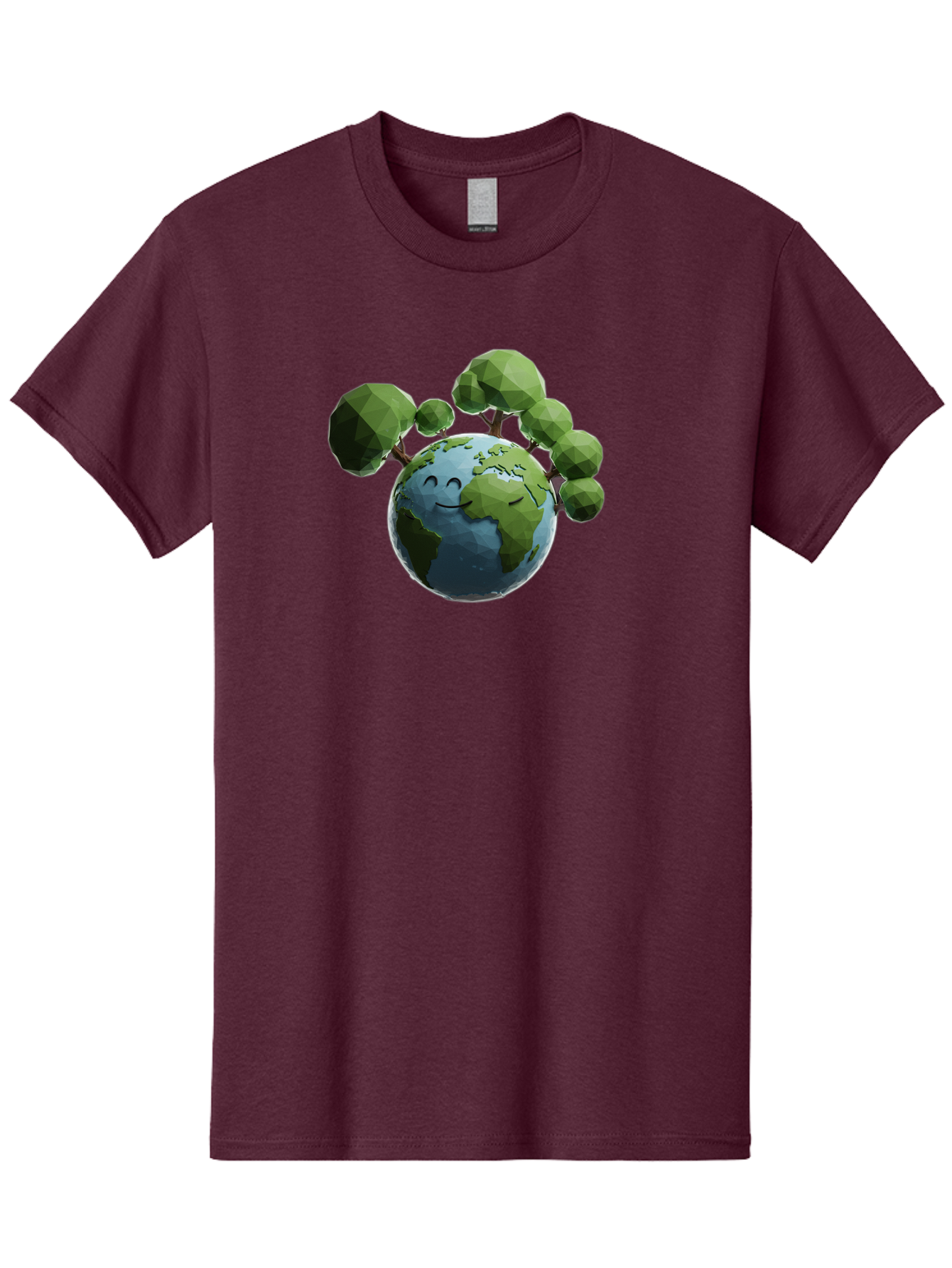 Smiling-Earth Men'S Graphic Tee, 100% Cotton, Comfortable Casual Summer Wear, Machine Washable, Happy Earth, Cartoon Globe, Smiling Face, Green Trees, Eco Friendly, Low Poly, 3D Rendering, Environmental Awareness, Conservation, Bab413