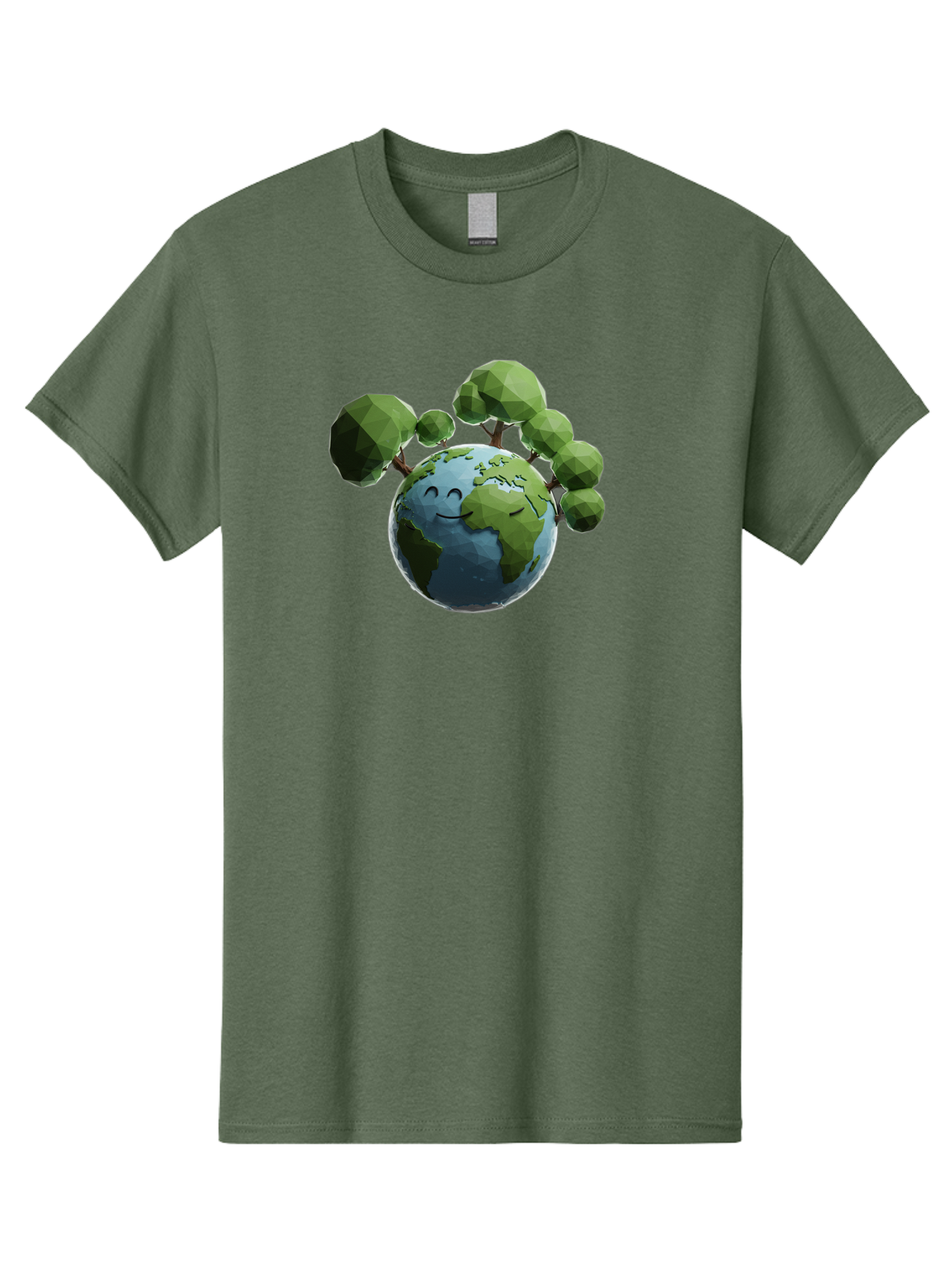 Smiling-Earth Men'S Graphic Tee, 100% Cotton, Comfortable Casual Summer Wear, Machine Washable, Happy Earth, Cartoon Globe, Smiling Face, Green Trees, Eco Friendly, Low Poly, 3D Rendering, Environmental Awareness, Conservation, Bab413