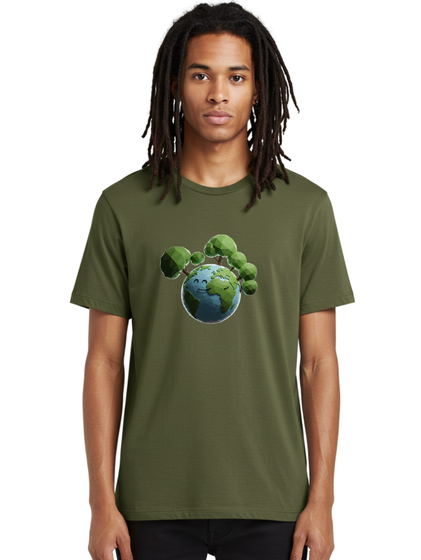 Smiling-Earth Men'S Graphic Tee, 100% Cotton, Comfortable Casual Summer Wear, Machine Washable, Happy Earth, Cartoon Globe, Smiling Face, Green Trees, Eco Friendly, Low Poly, 3D Rendering, Environmental Awareness, Conservation, Bab413