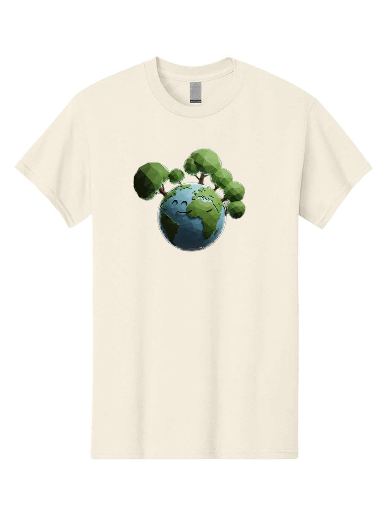 Smiling-Earth Men'S Graphic Tee, 100% Cotton, Comfortable Casual Summer Wear, Machine Washable, Happy Earth, Cartoon Globe, Smiling Face, Green Trees, Eco Friendly, Low Poly, 3D Rendering, Environmental Awareness, Conservation, Bab413