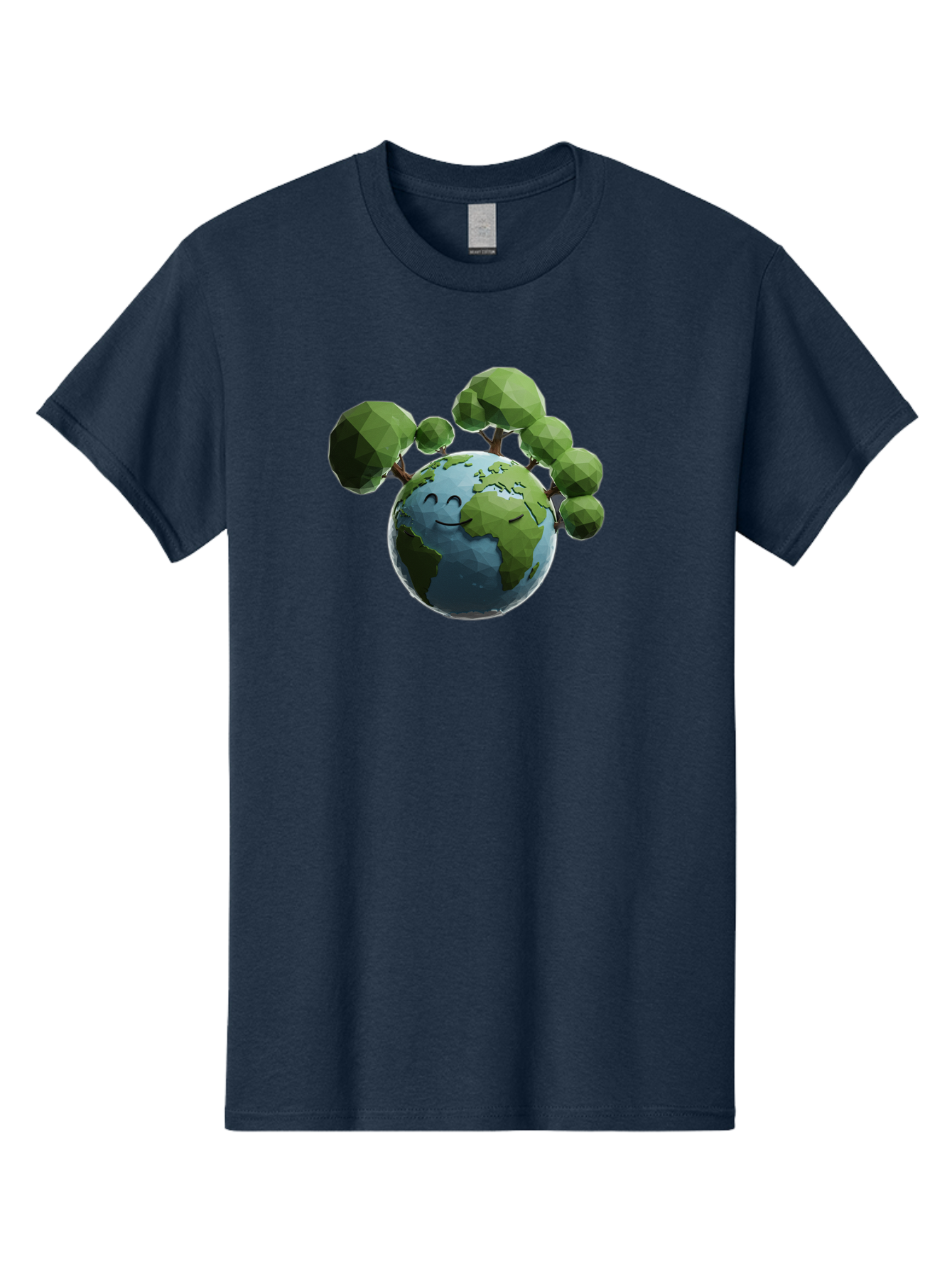Smiling-Earth Men'S Graphic Tee, 100% Cotton, Comfortable Casual Summer Wear, Machine Washable, Happy Earth, Cartoon Globe, Smiling Face, Green Trees, Eco Friendly, Low Poly, 3D Rendering, Environmental Awareness, Conservation, Bab413