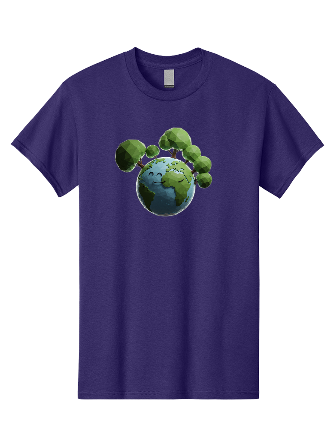 Smiling-Earth Men'S Graphic Tee, 100% Cotton, Comfortable Casual Summer Wear, Machine Washable, Happy Earth, Cartoon Globe, Smiling Face, Green Trees, Eco Friendly, Low Poly, 3D Rendering, Environmental Awareness, Conservation, Bab413