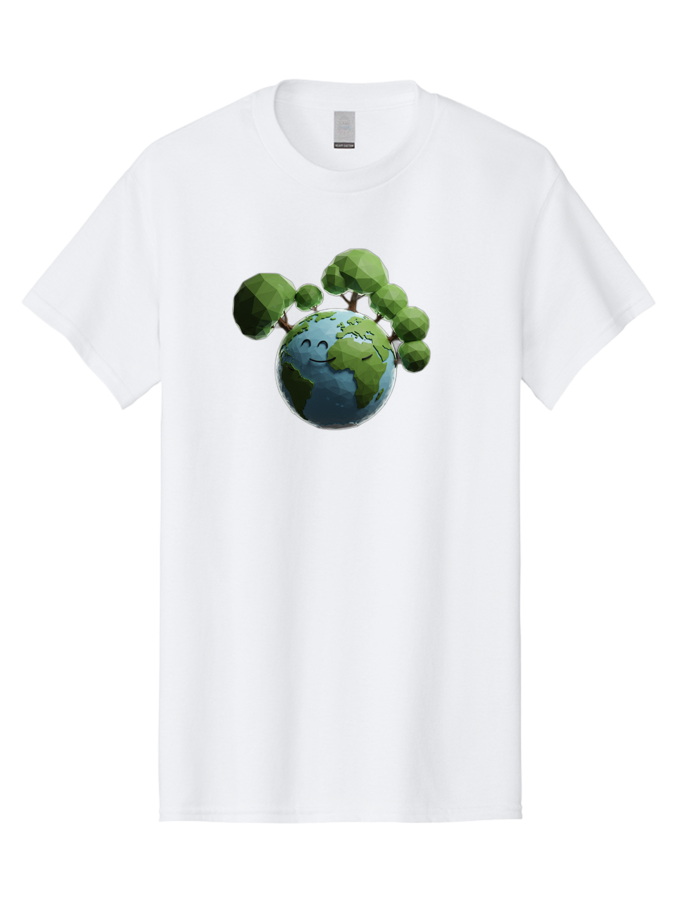 Smiling-Earth Men'S Graphic Tee, 100% Cotton, Comfortable Casual Summer Wear, Machine Washable, Happy Earth, Cartoon Globe, Smiling Face, Green Trees, Eco Friendly, Low Poly, 3D Rendering, Environmental Awareness, Conservation, Bab413