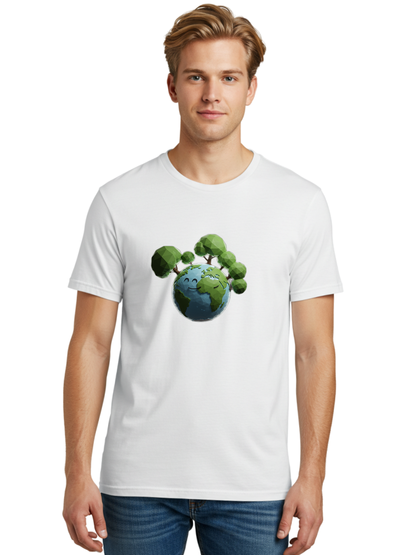 Smiling-Earth Men'S Graphic Tee, 100% Cotton, Comfortable Casual Summer Wear, Machine Washable, Happy Earth, Cartoon Globe, Smiling Face, Green Trees, Eco Friendly, Low Poly, 3D Rendering, Environmental Awareness, Conservation, Bab413