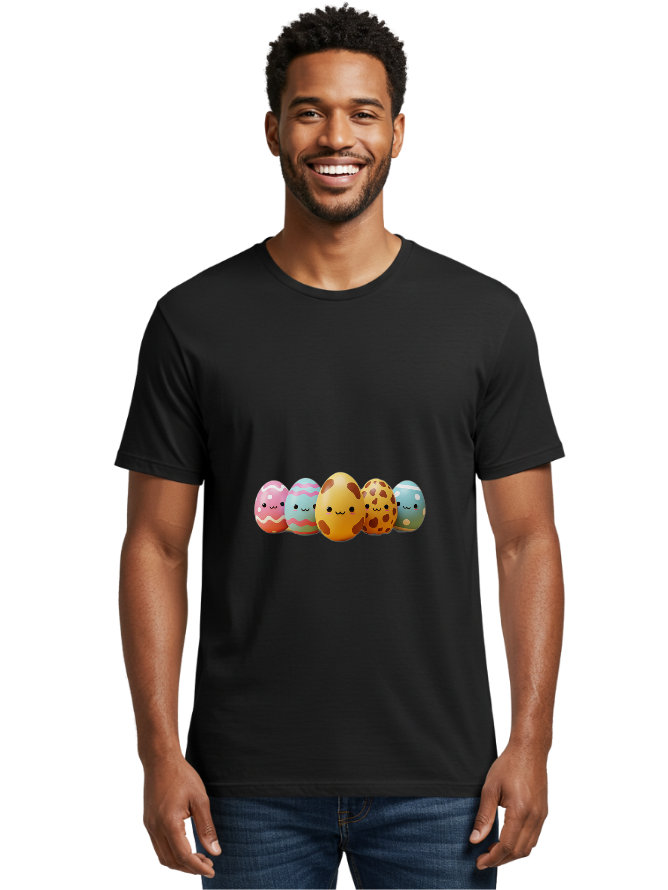 Smiling-Easter-Eggs Men'S Graphic Tee, 100% Cotton, Comfortable Casual Summer Wear, Machine Washable, Easter Eggs, Decorated Eggs, Colorful Eggs, Egg Designs, Spring Decoration, Easter Theme, Cartoon Eggs, Festive Eggs, Pastel Colors, Bab414