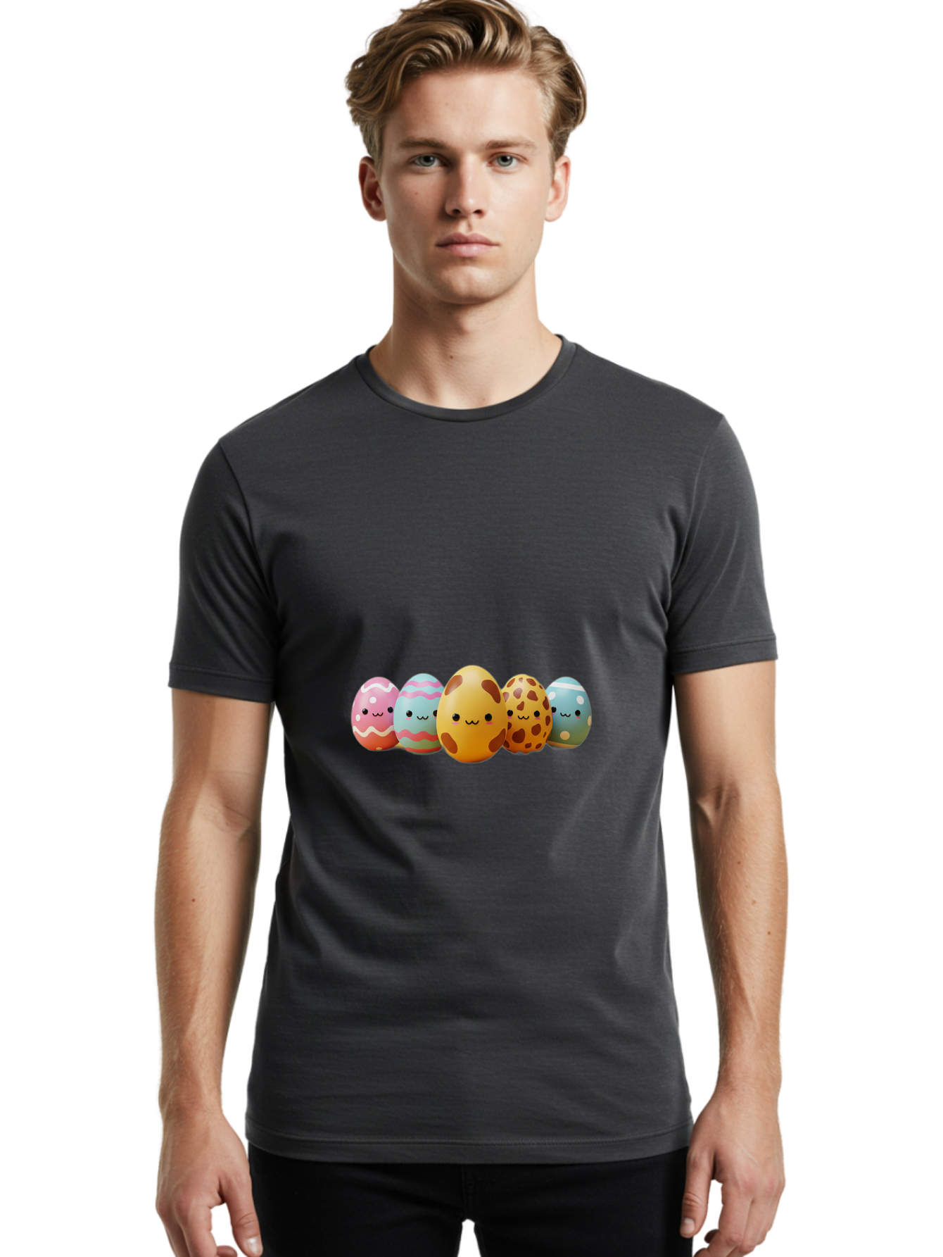 Smiling-Easter-Eggs Men'S Graphic Tee, 100% Cotton, Comfortable Casual Summer Wear, Machine Washable, Easter Eggs, Decorated Eggs, Colorful Eggs, Egg Designs, Spring Decoration, Easter Theme, Cartoon Eggs, Festive Eggs, Pastel Colors, Bab414