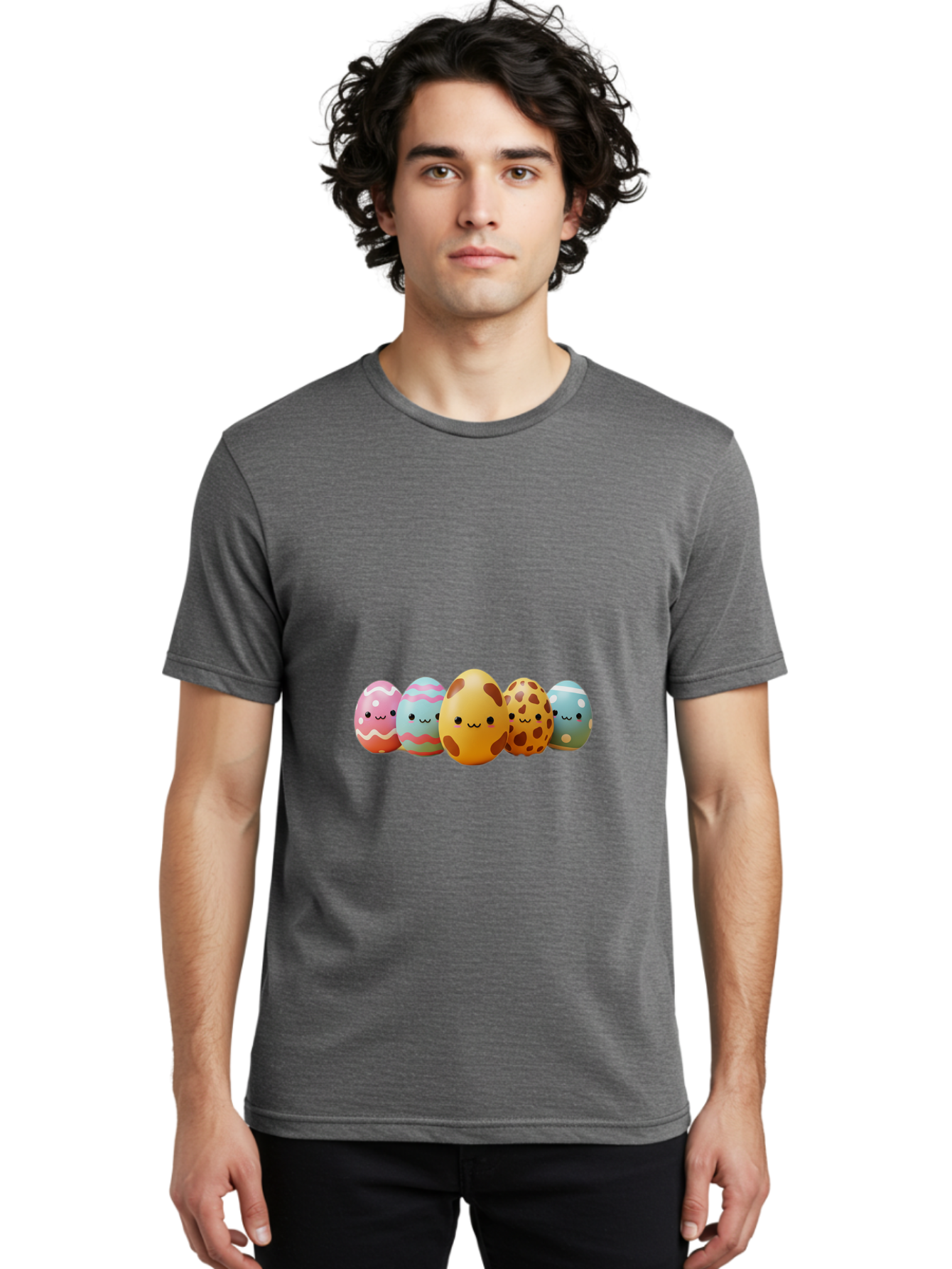 Smiling-Easter-Eggs Men'S Graphic Tee, 100% Cotton, Comfortable Casual Summer Wear, Machine Washable, Easter Eggs, Decorated Eggs, Colorful Eggs, Egg Designs, Spring Decoration, Easter Theme, Cartoon Eggs, Festive Eggs, Pastel Colors, Bab414
