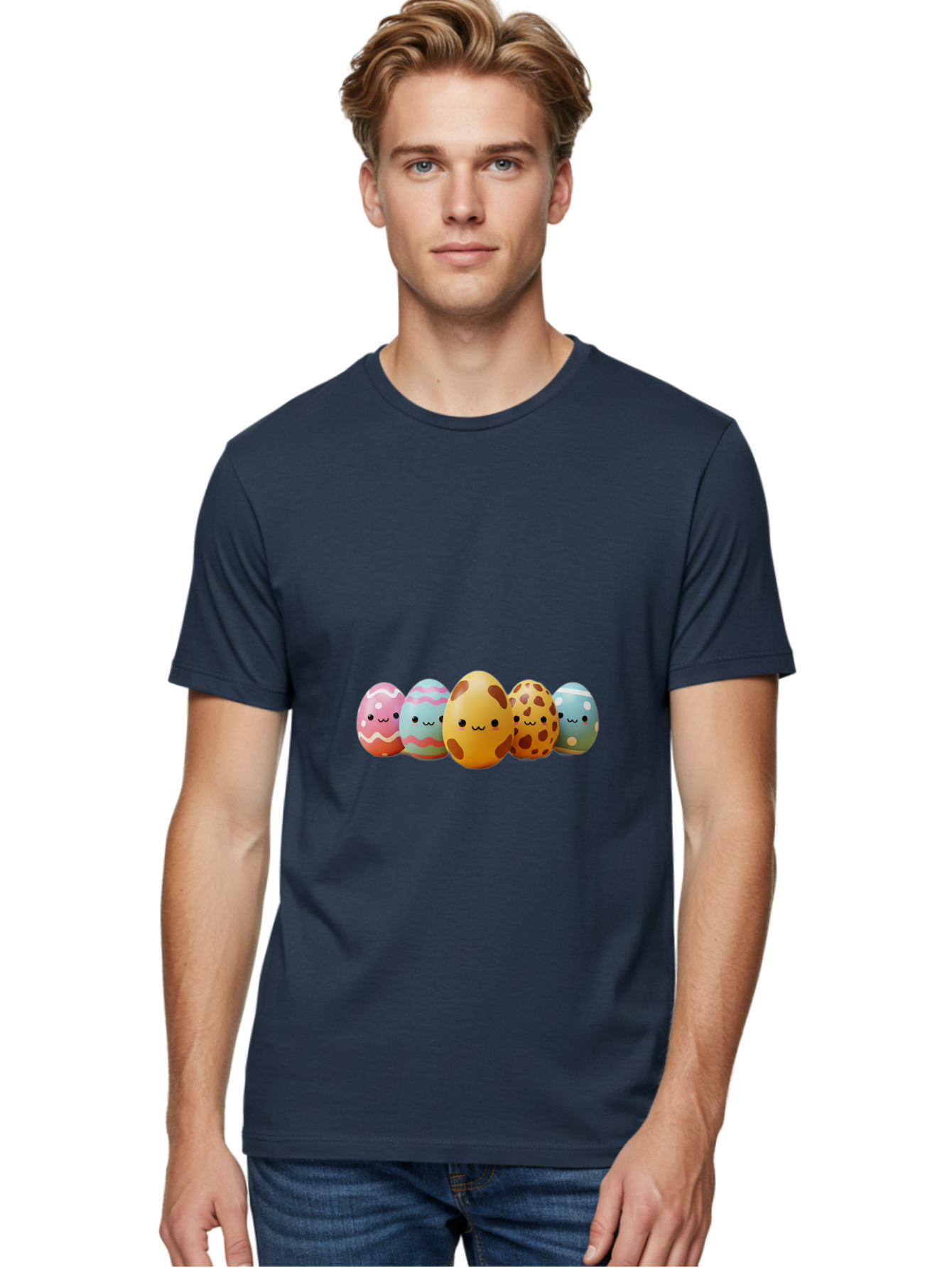 Smiling-Easter-Eggs Men'S Graphic Tee, 100% Cotton, Comfortable Casual Summer Wear, Machine Washable, Easter Eggs, Decorated Eggs, Colorful Eggs, Egg Designs, Spring Decoration, Easter Theme, Cartoon Eggs, Festive Eggs, Pastel Colors, Bab414