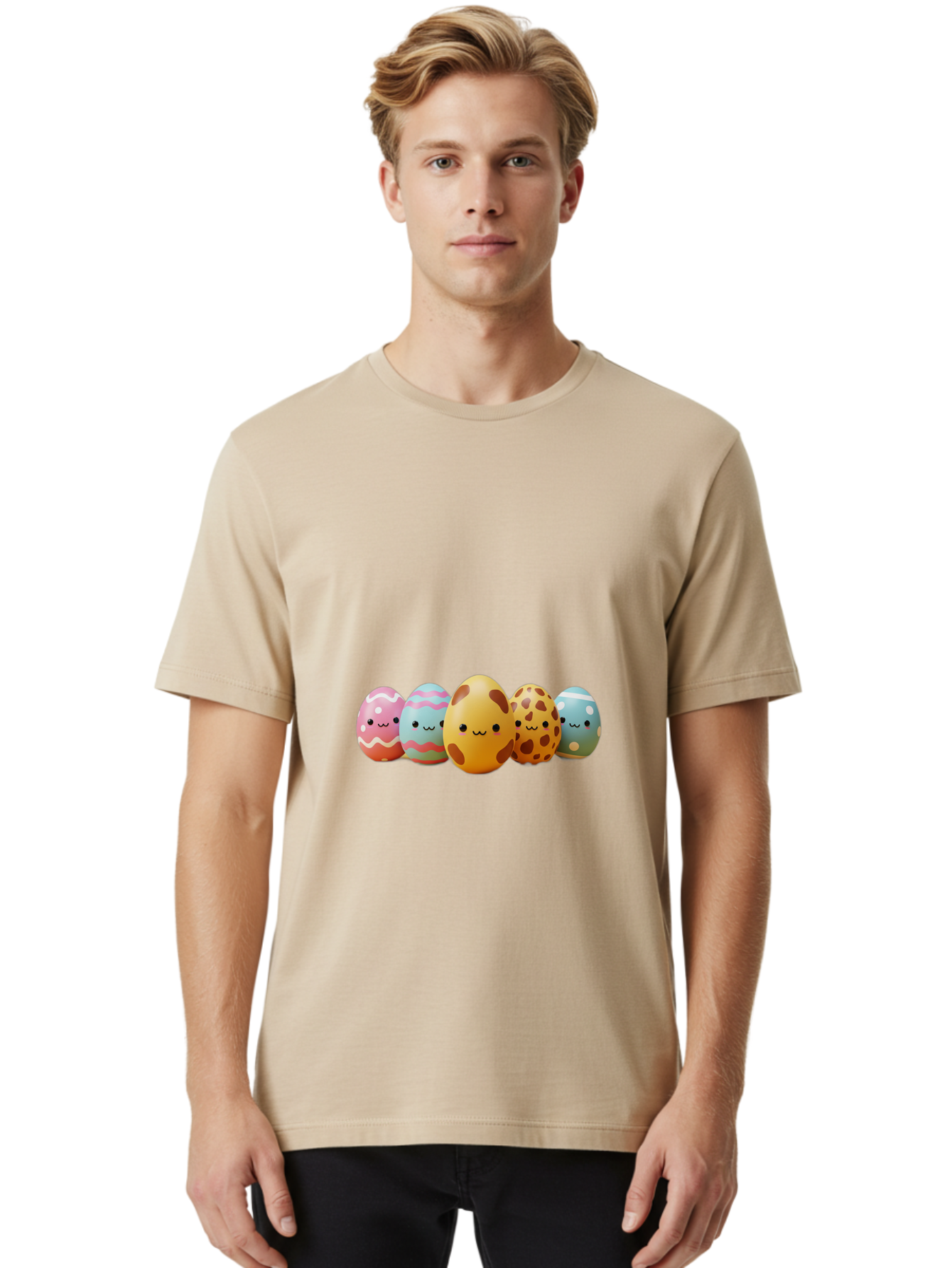 Smiling-Easter-Eggs Men'S Graphic Tee, 100% Cotton, Comfortable Casual Summer Wear, Machine Washable, Easter Eggs, Decorated Eggs, Colorful Eggs, Egg Designs, Spring Decoration, Easter Theme, Cartoon Eggs, Festive Eggs, Pastel Colors, Bab414