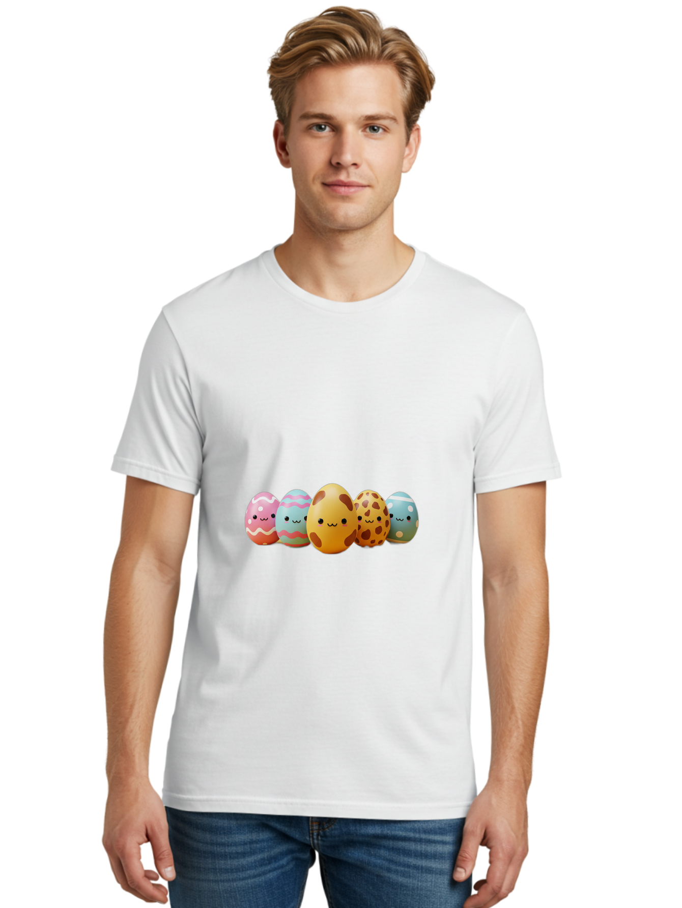 Smiling-Easter-Eggs Men'S Graphic Tee, 100% Cotton, Comfortable Casual Summer Wear, Machine Washable, Easter Eggs, Decorated Eggs, Colorful Eggs, Egg Designs, Spring Decoration, Easter Theme, Cartoon Eggs, Festive Eggs, Pastel Colors, Bab414