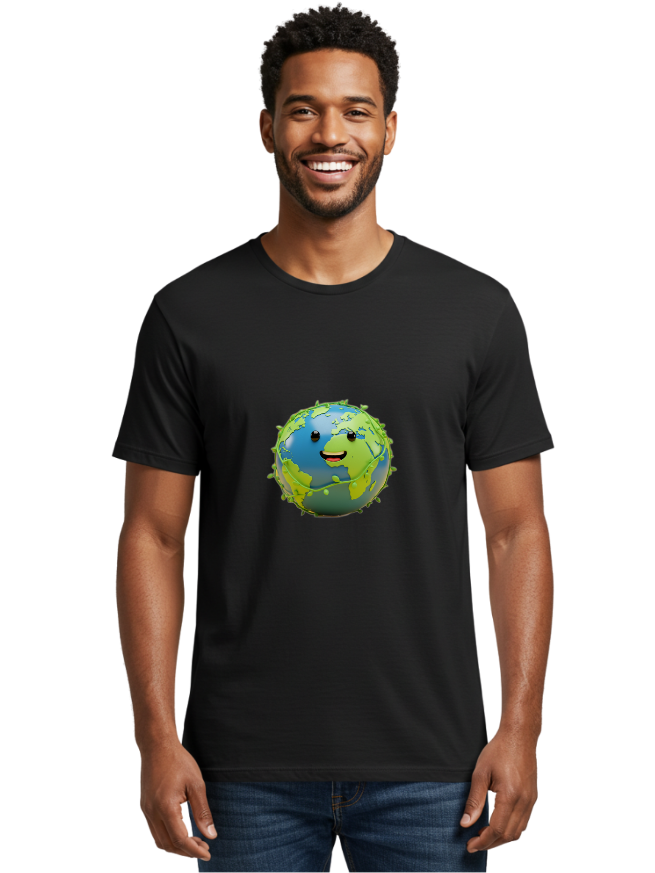 Smiling-Globe-1 Men'S Graphic Tee, 100% Cotton, Comfortable Casual Summer Wear, Machine Washable, Cartoon Globe, Smiling Face, Big Smile, Black Eyes, Coronavirus, Green Virus, Global Infection, World Map, Humor, Satire, Bab415