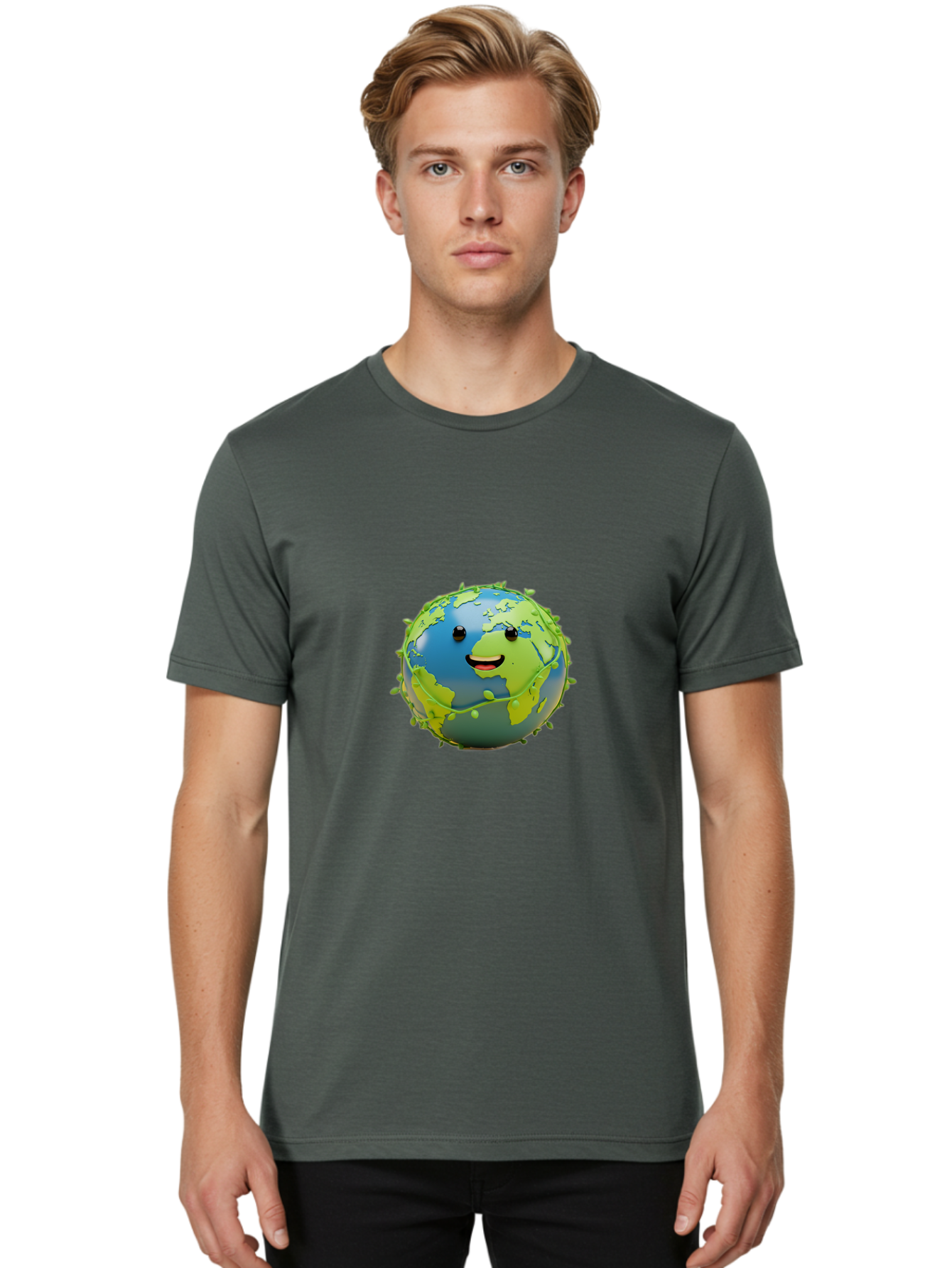 Smiling-Globe-1 Men'S Graphic Tee, 100% Cotton, Comfortable Casual Summer Wear, Machine Washable, Cartoon Globe, Smiling Face, Big Smile, Black Eyes, Coronavirus, Green Virus, Global Infection, World Map, Humor, Satire, Bab415